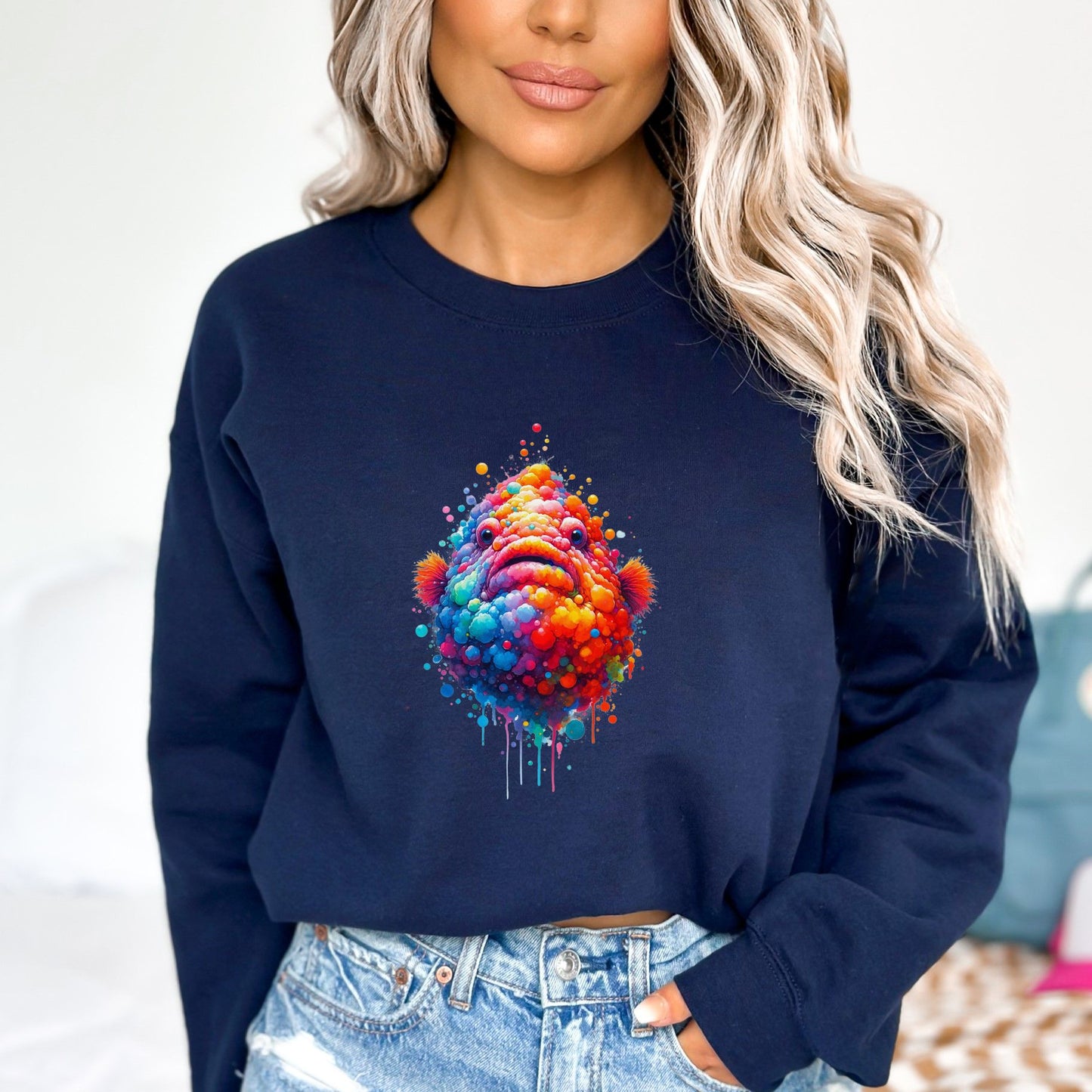 Deep Sea Fish Color Splash Unisex Sweatshirt Black Navy Dark Heather-Navy-Family-Gift-Planet