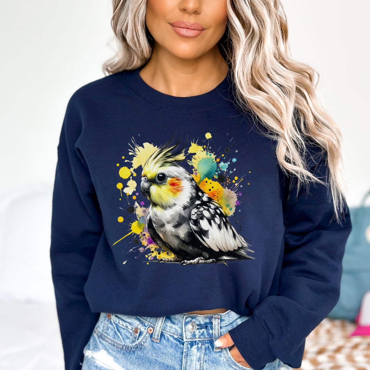 Cockatiel Bird Color Splash Unisex Sweatshirt Black Navy Dark Heather-Navy-Family-Gift-Planet