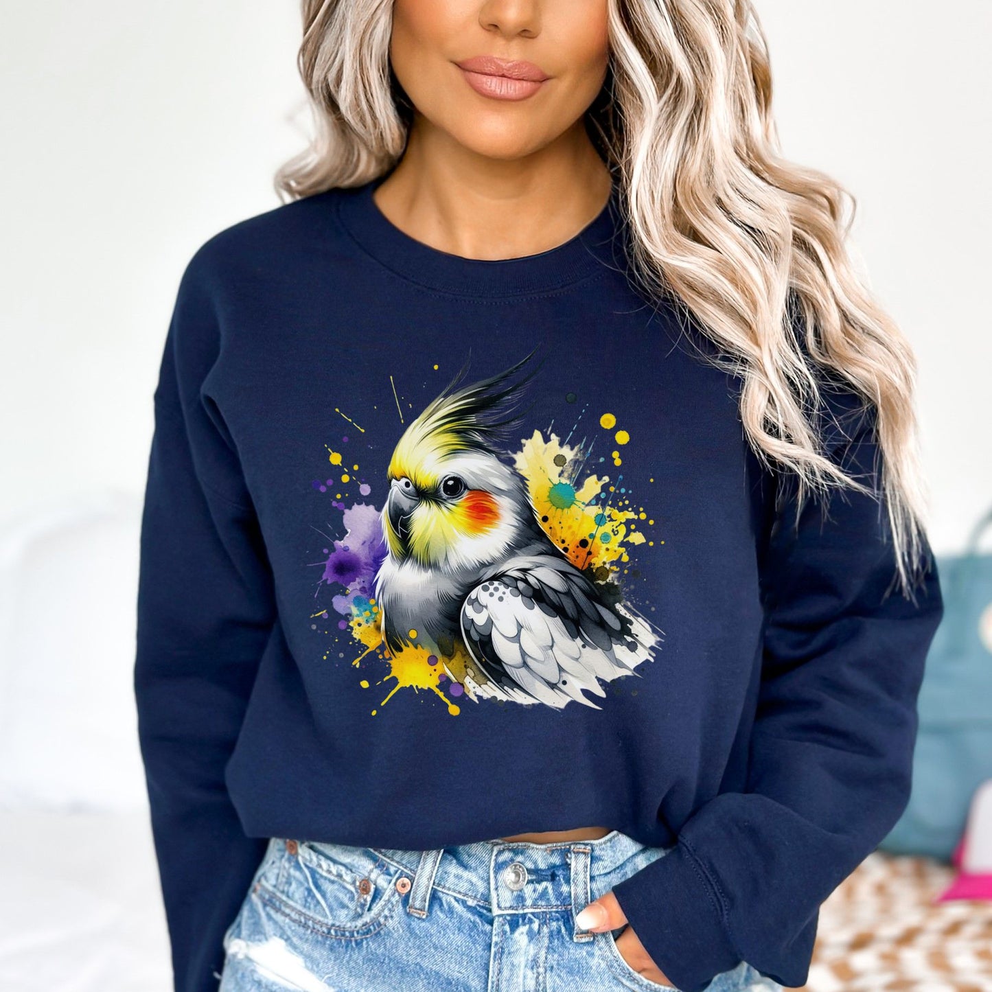 Cockatiel Mama Color Splash Unisex Sweatshirt Black Navy Dark Heather-Navy-Family-Gift-Planet
