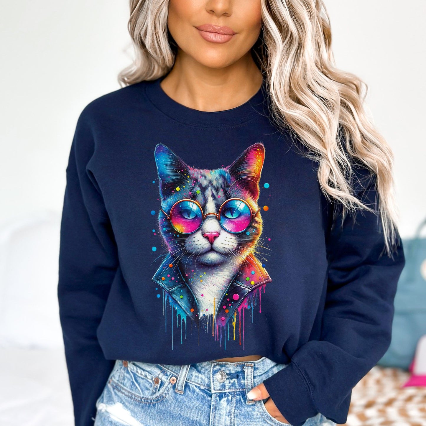Cool cat with eyeglasses Color Splash Unisex Sweatshirt Black Navy Dark Heather-Navy-Family-Gift-Planet
