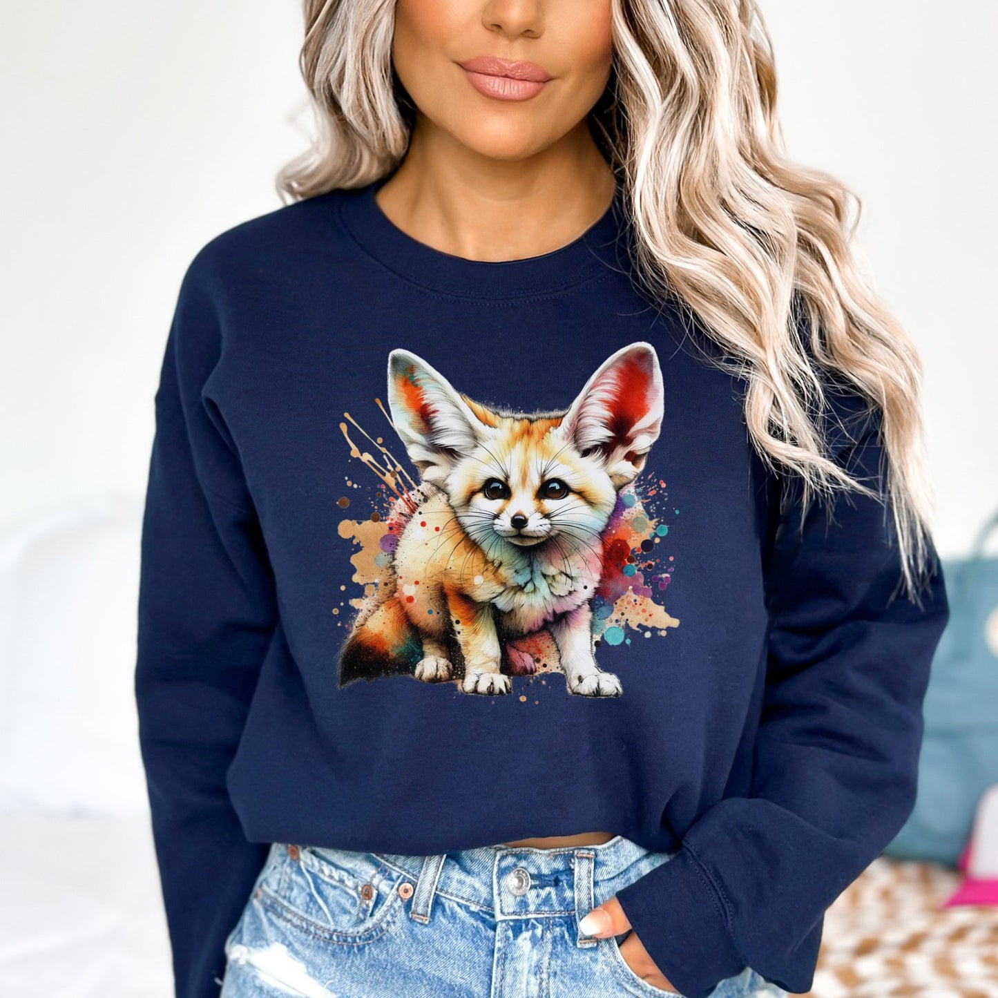 Artistic Fennec Fox Color Splash Unisex Sweatshirt Black Navy Dark Heather-Navy-Family-Gift-Planet