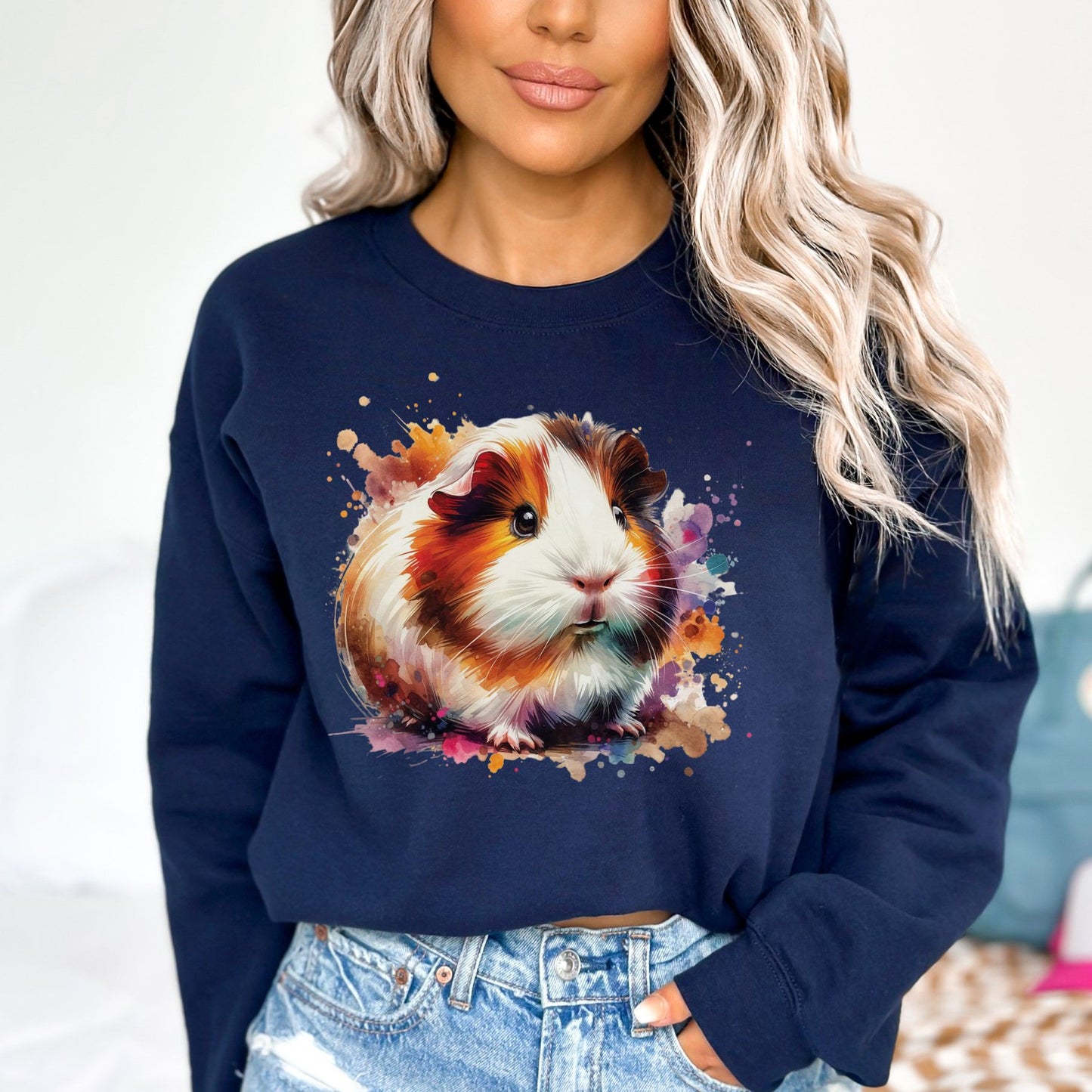 Guinea Pig Color Splash Unisex Sweatshirt Black Navy Dark Heather-Navy-Family-Gift-Planet