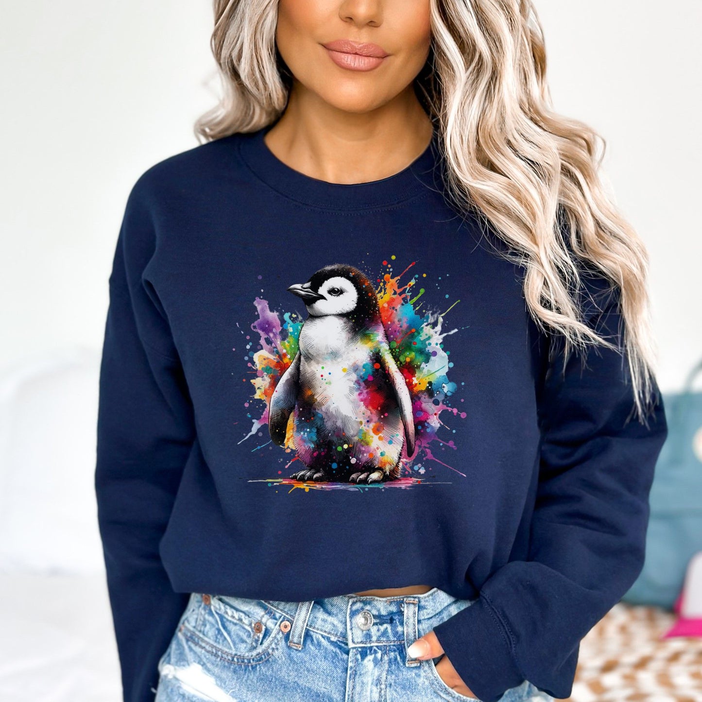 Artistic Penguin Color Splash Unisex Sweatshirt Black Navy Dark Heather-Navy-Family-Gift-Planet