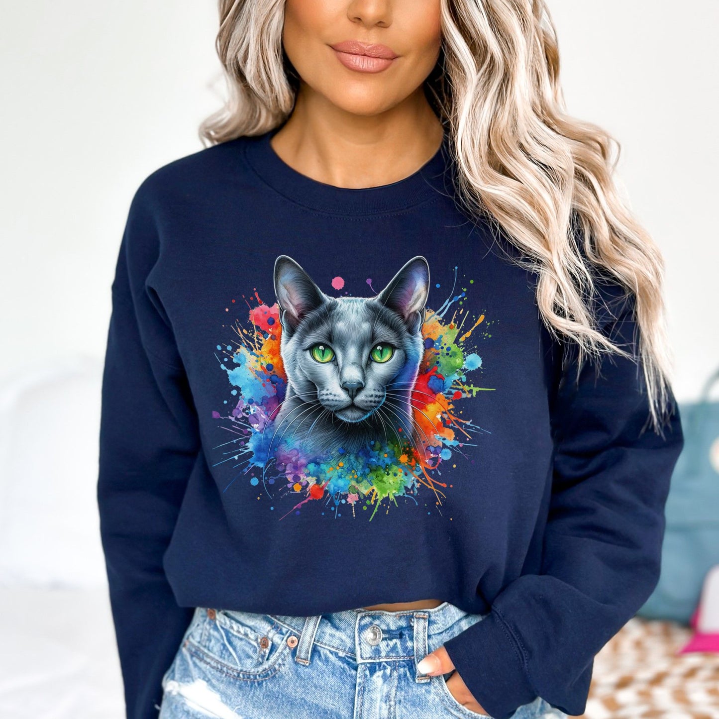 Russian Blue Cat Color Splash Unisex Sweatshirt Black Navy Dark Heather-Navy-Family-Gift-Planet