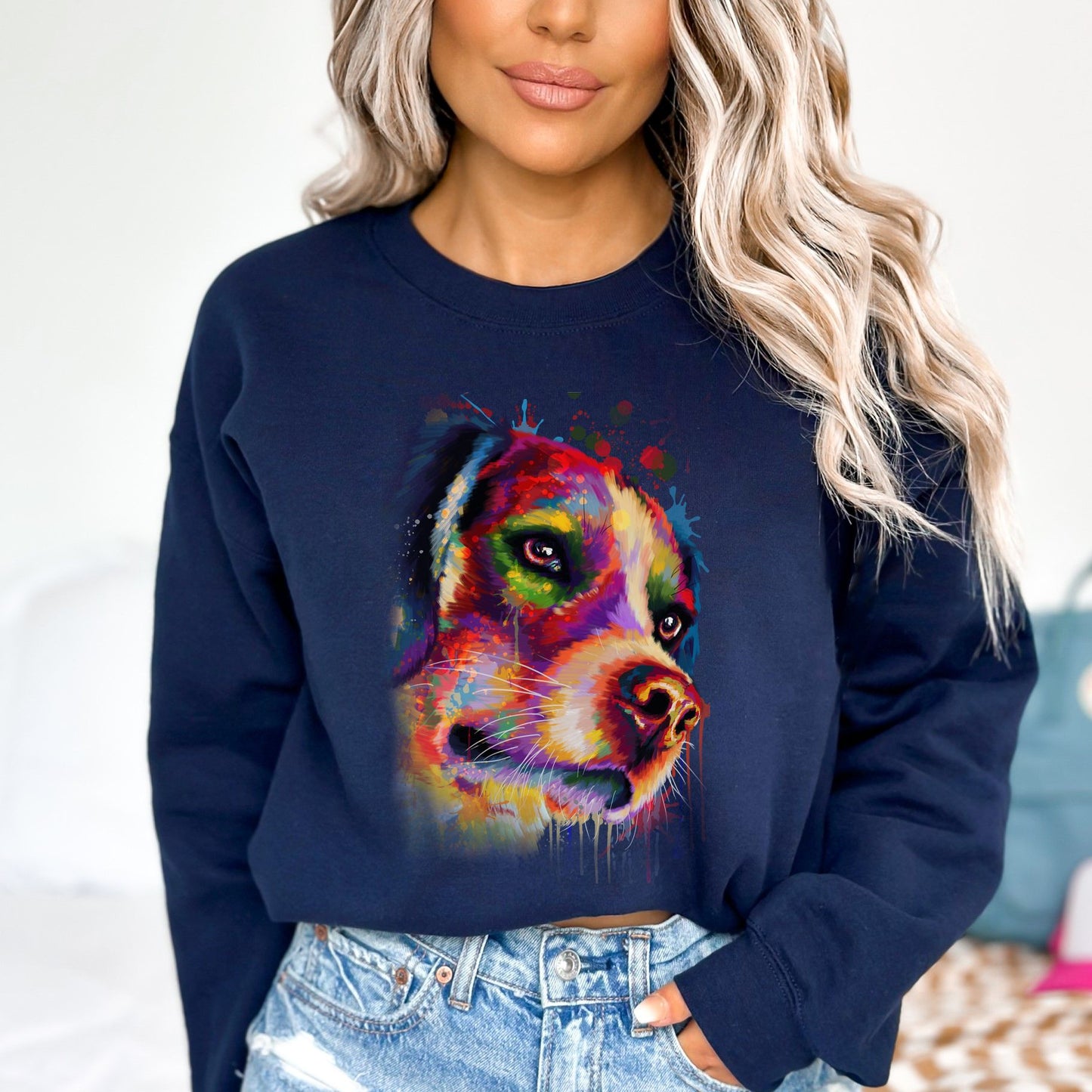 Abstract Beagle dog Unisex Crewneck Sweatshirt with expressive splashes-Navy-Family-Gift-Planet