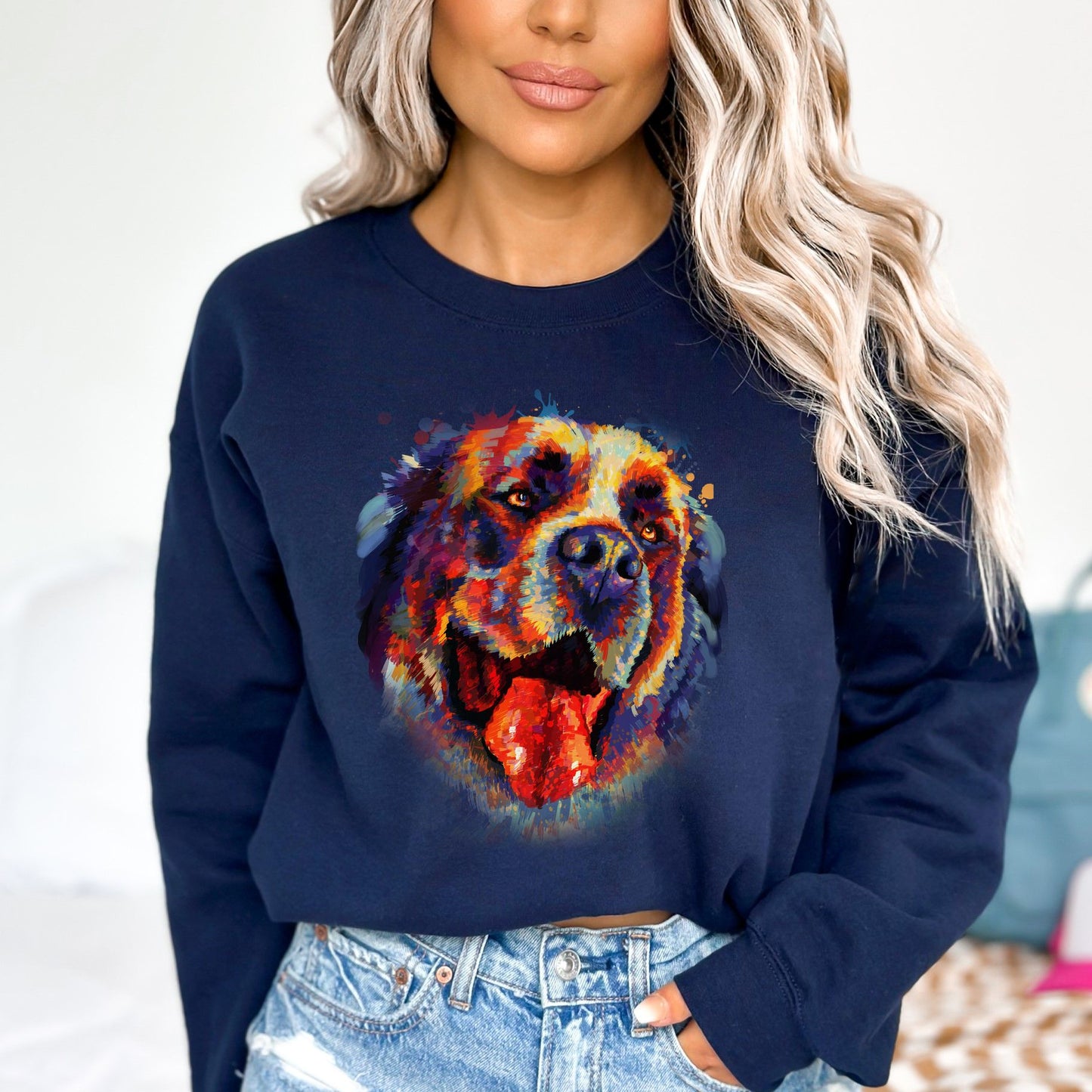 Artistic Bernard dog Unisex Crewneck Sweatshirt digital Art-Navy-Family-Gift-Planet