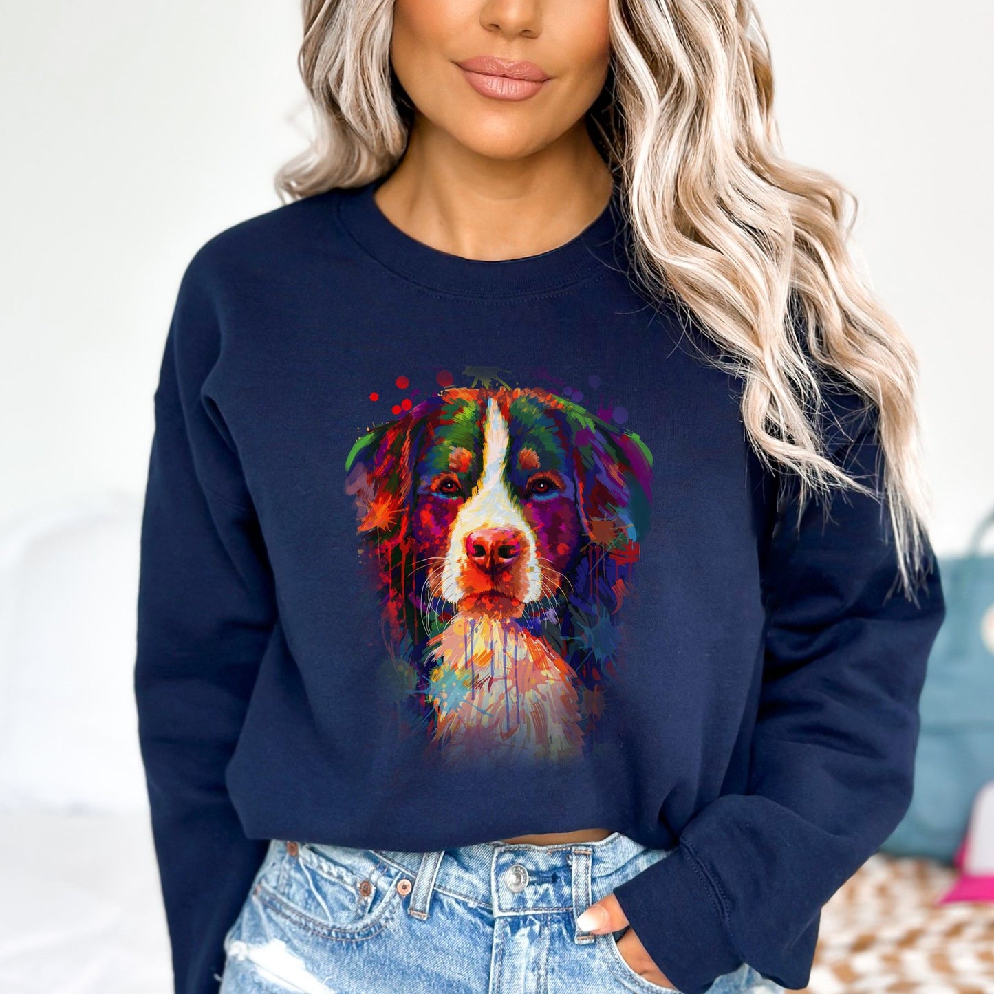 Abstract Bernese Mountain dog Unisex Crewneck Sweatshirt with expressive splashes-Navy-Family-Gift-Planet