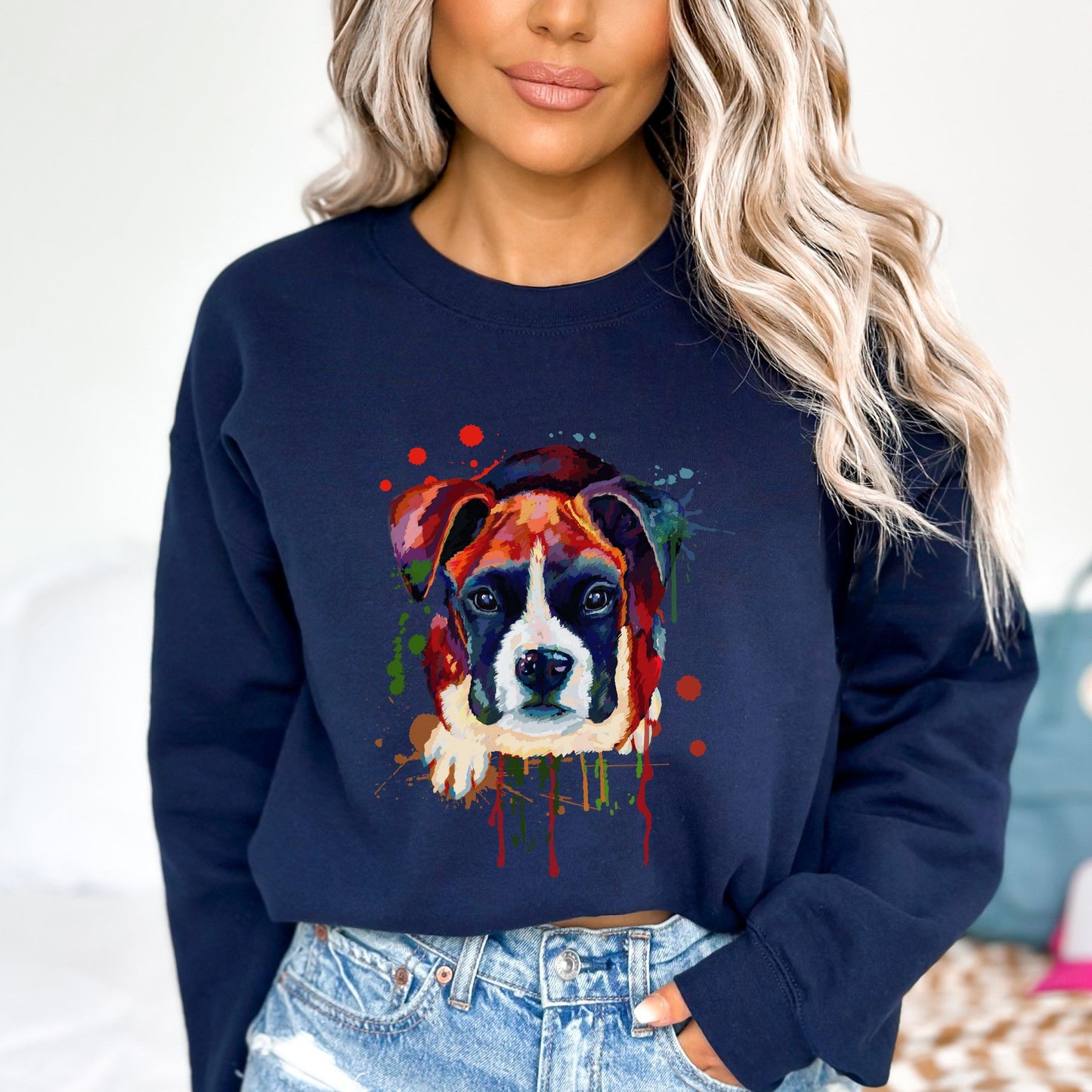 Abstract Boxer dog Unisex Crewneck Sweatshirt with expressive splashes-Navy-Family-Gift-Planet