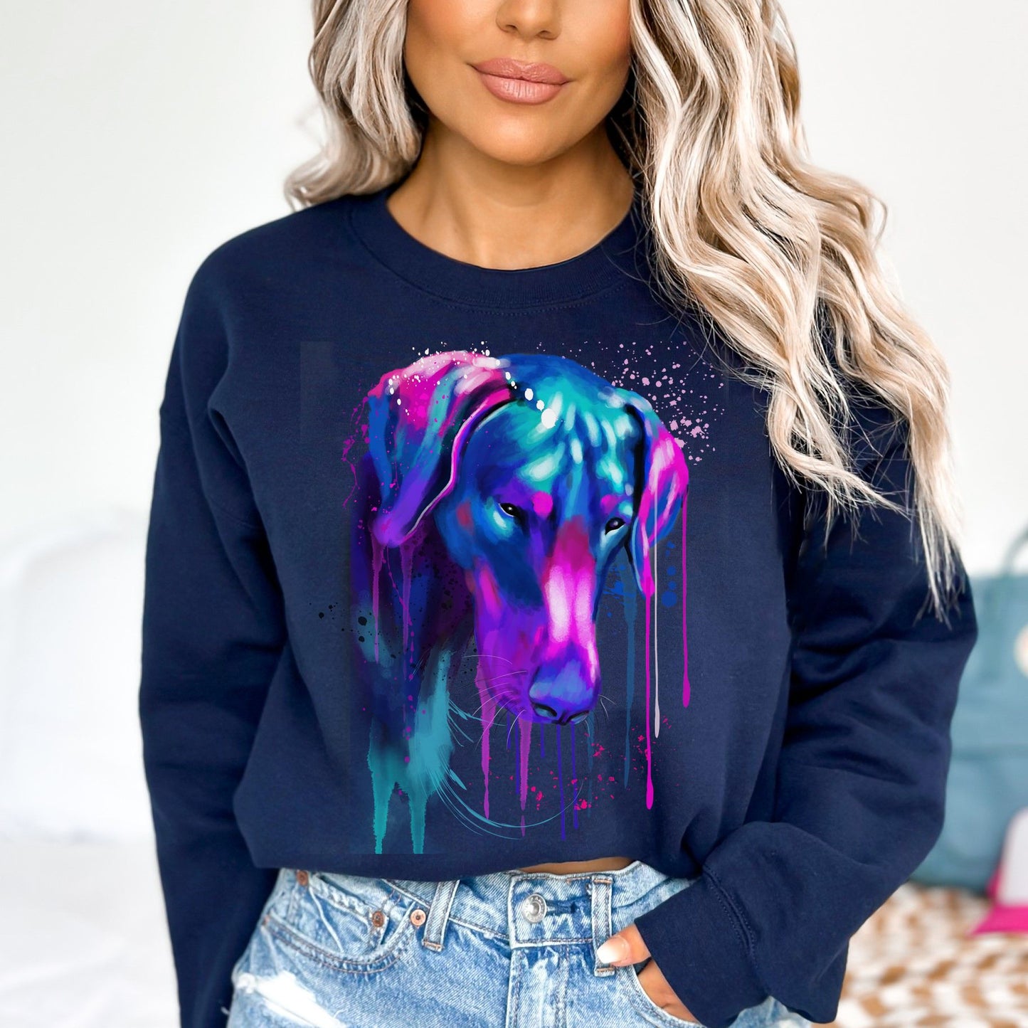 Neon pink and purple Splash Art Doberman dog Unisex Crewneck Sweatshirt-Navy-Family-Gift-Planet