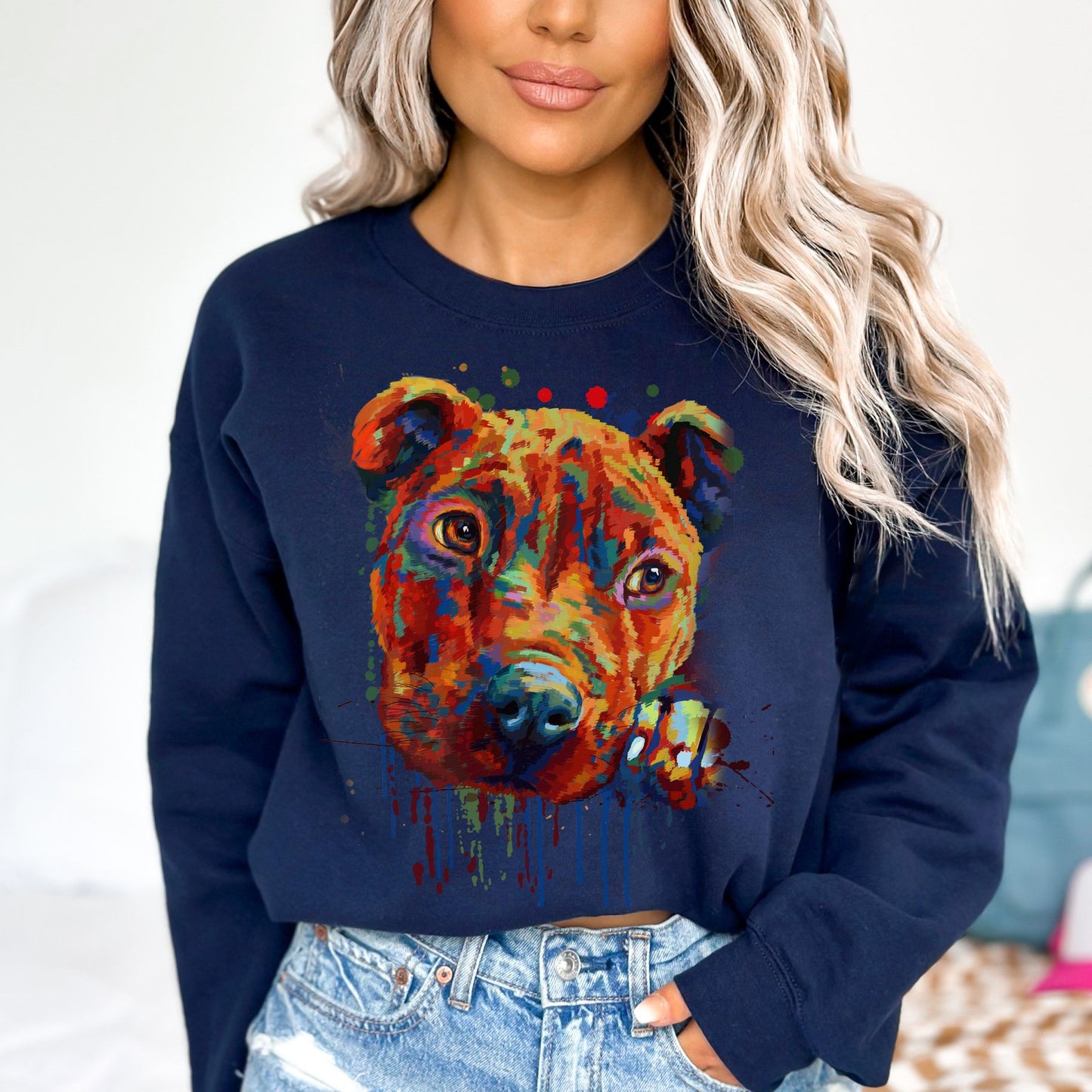 Artistic Pitbull dog Unisex Crewneck Sweatshirt digital Art-Navy-Family-Gift-Planet