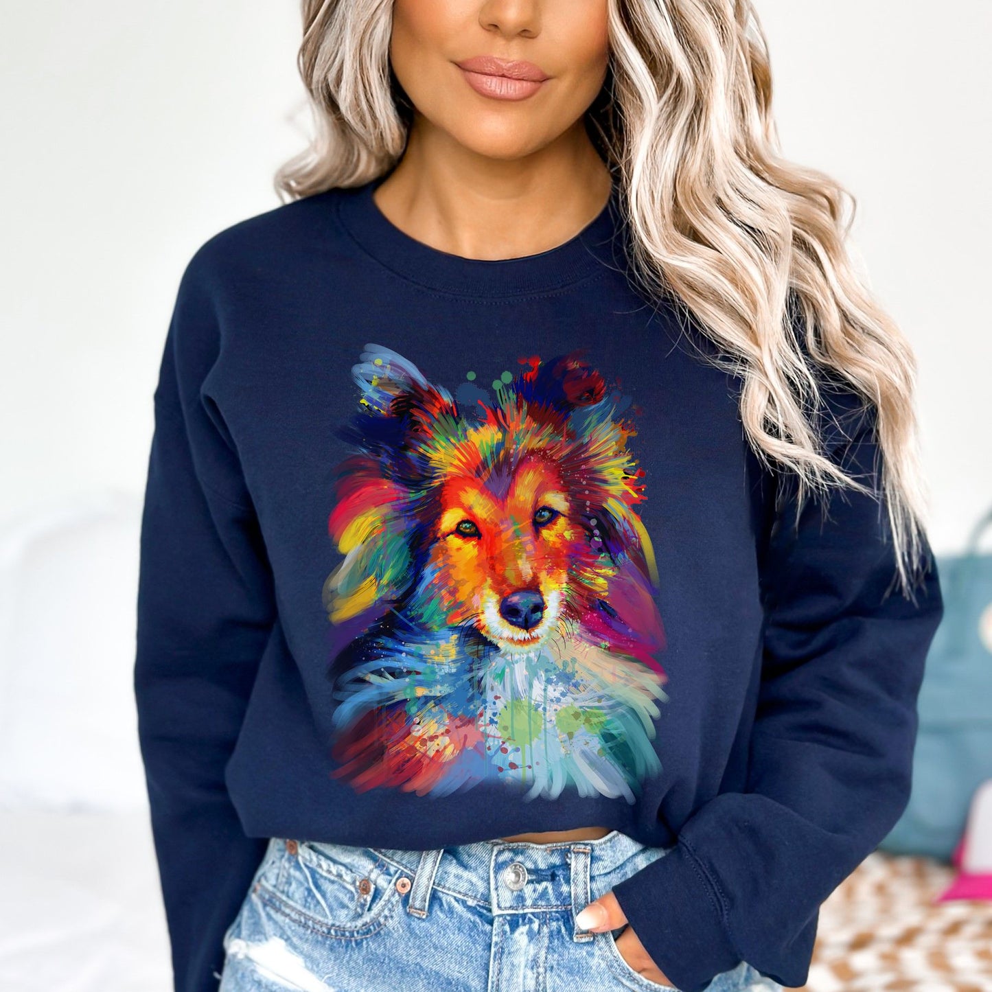 Artistic Sheltie dog Unisex Crewneck Sweatshirt digital Art-Navy-Family-Gift-Planet