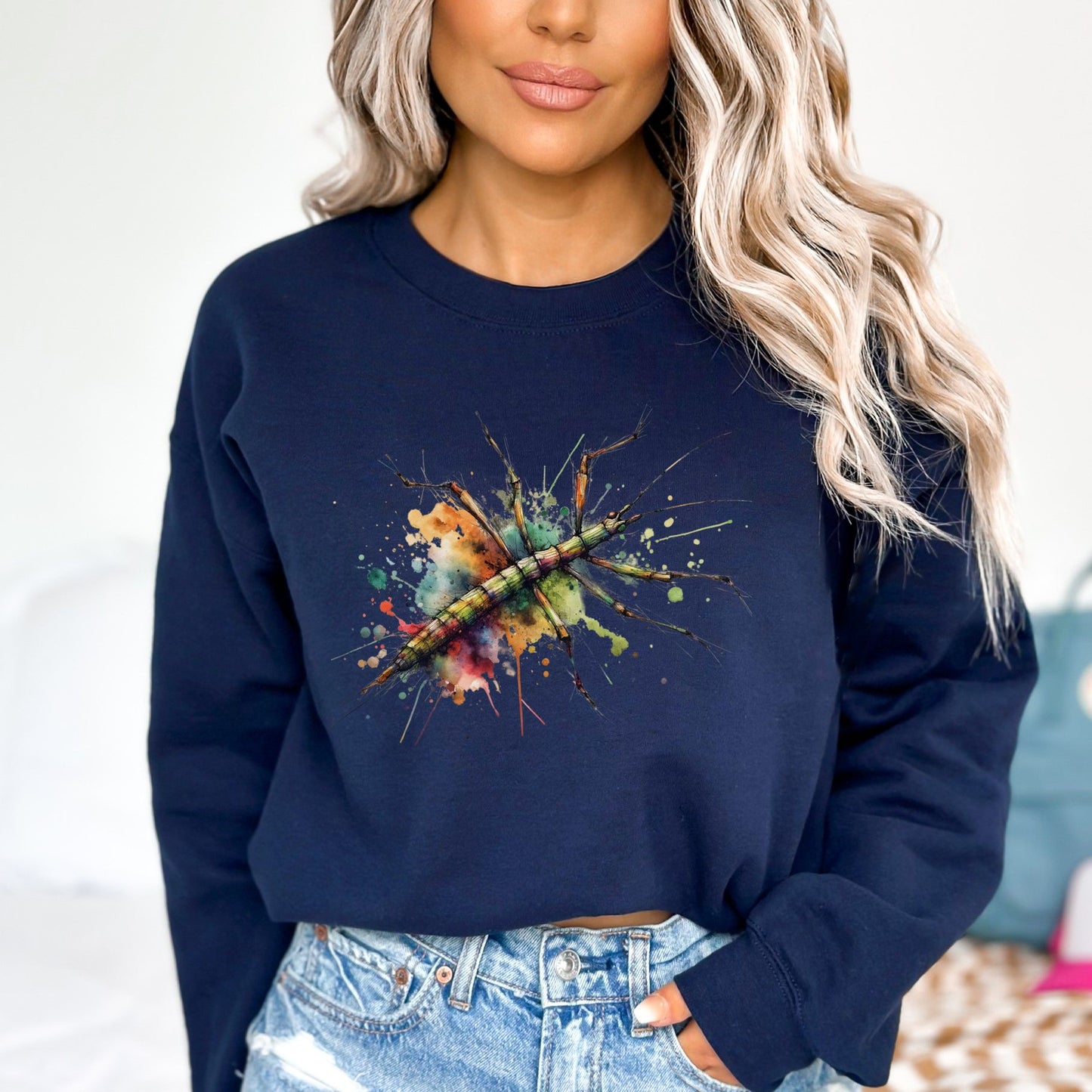 Stick bug Color Splash Unisex Sweatshirt Black Navy Dark Heather-Navy-Family-Gift-Planet