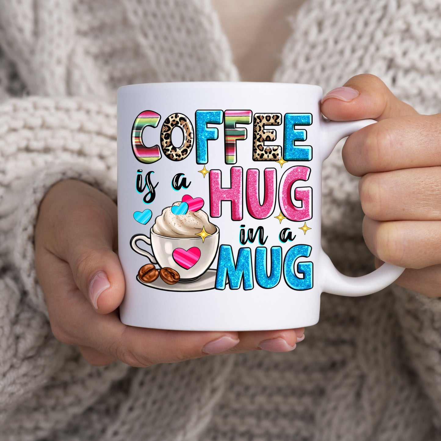 Coffee is a hug in a mug 11oz White Mug gift latte and glitter hearts coffee cup-White-Family-Gift-Planet