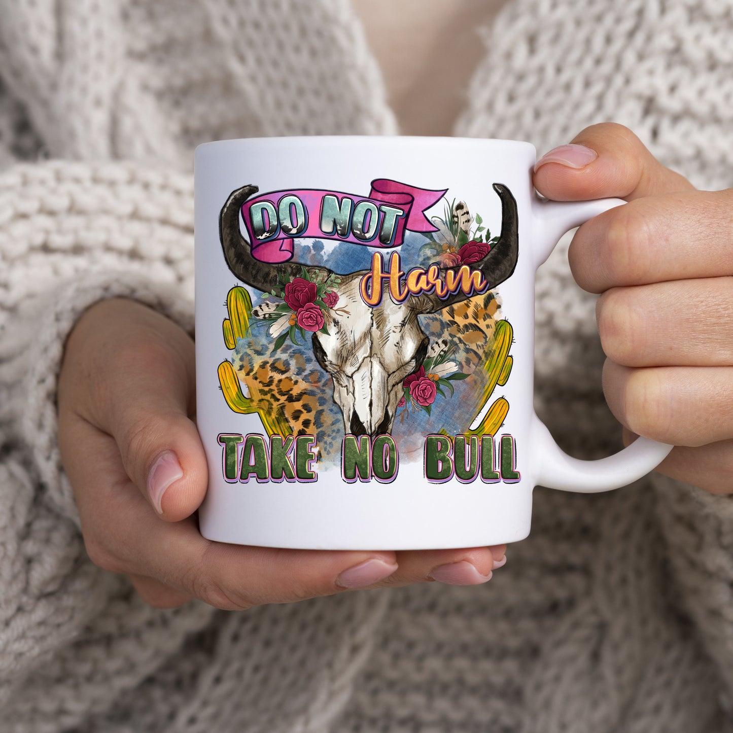 Do not harm take no bull cow skull 11oz White Mug gift Texas Western cowboy skull cup-White-Family-Gift-Planet