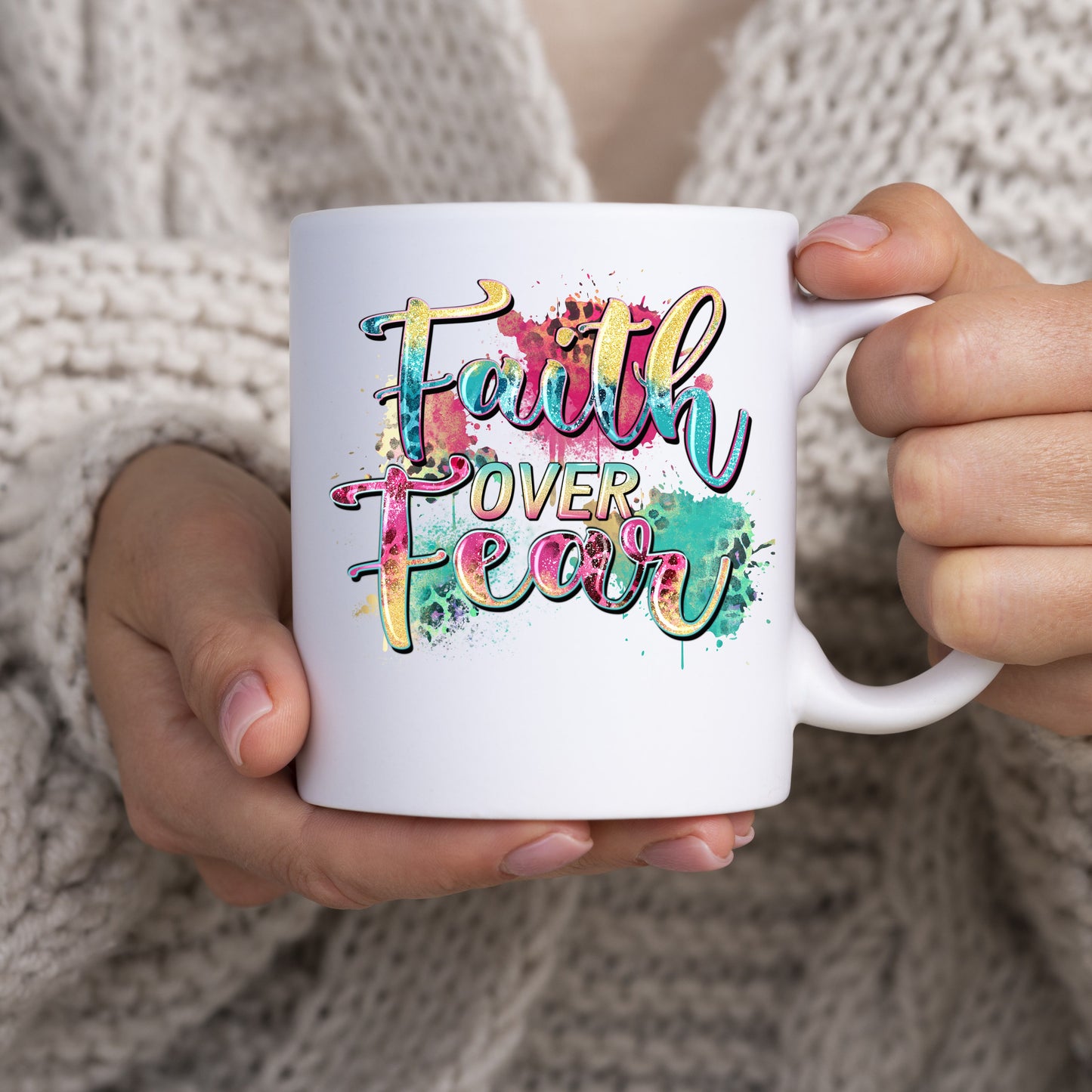 Faith over fear 11oz White Mug gift Christian Believe color splash cup-White-Family-Gift-Planet