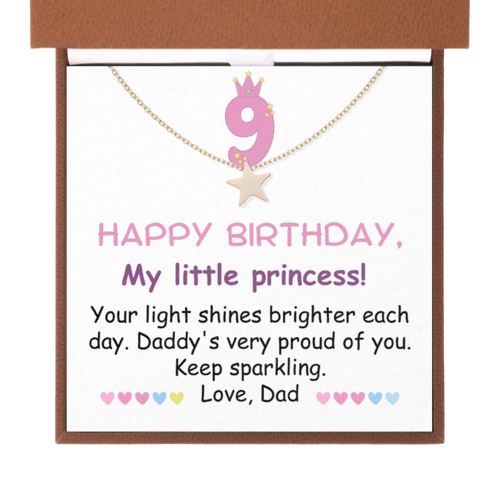 9 year old girl birthday gift from dad - Happy 9th Birthday Star Necklace for daughter from father-Brown Leather Box-Family-Gift-Planet