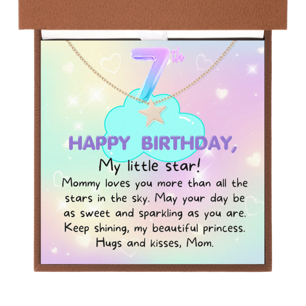 7 year old girl birthday gift from mom - Happy 7th Birthday Star Necklace for daughter from mother-Brown Leather Box-Family-Gift-Planet