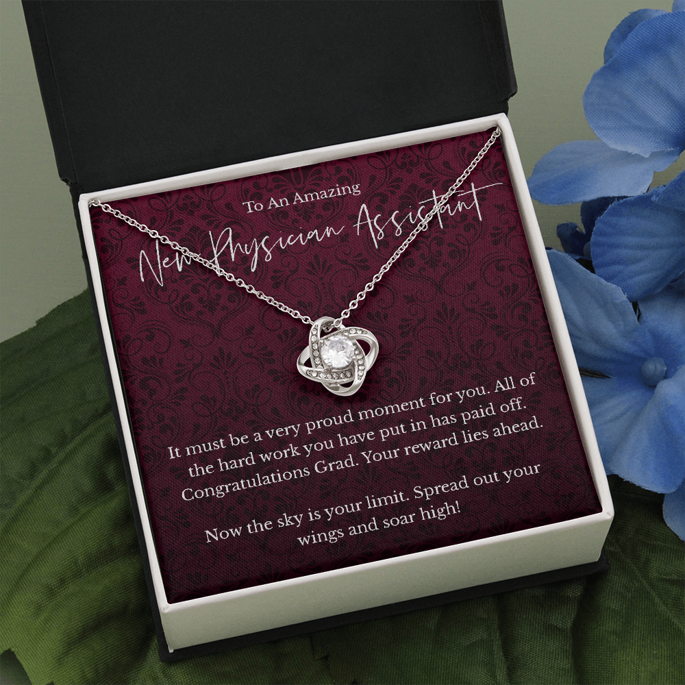 New Physician Assistant graduation gift, love knot pendant necklace-Two Toned Box-Family-Gift-Planet