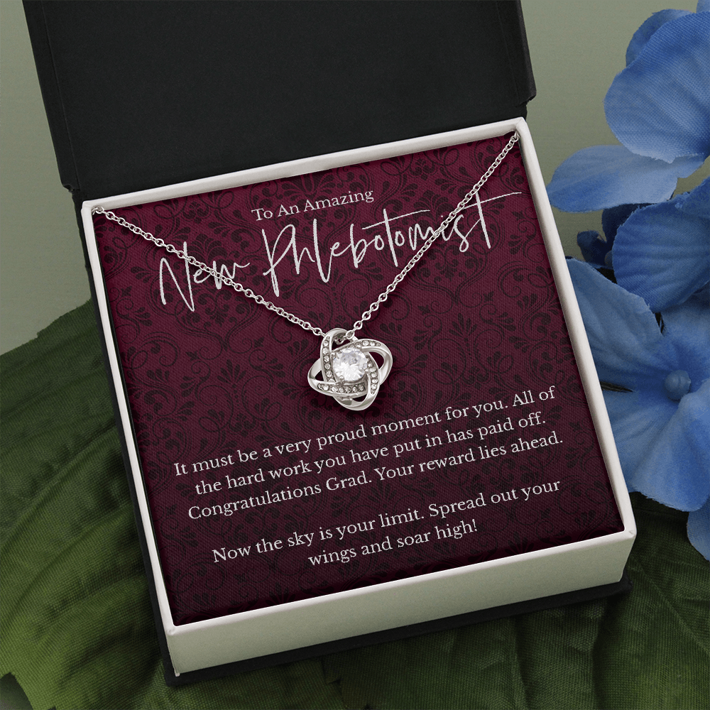 New Phlebotomist graduation gift, love knot pendant necklace-Two Toned Box-Family-Gift-Planet