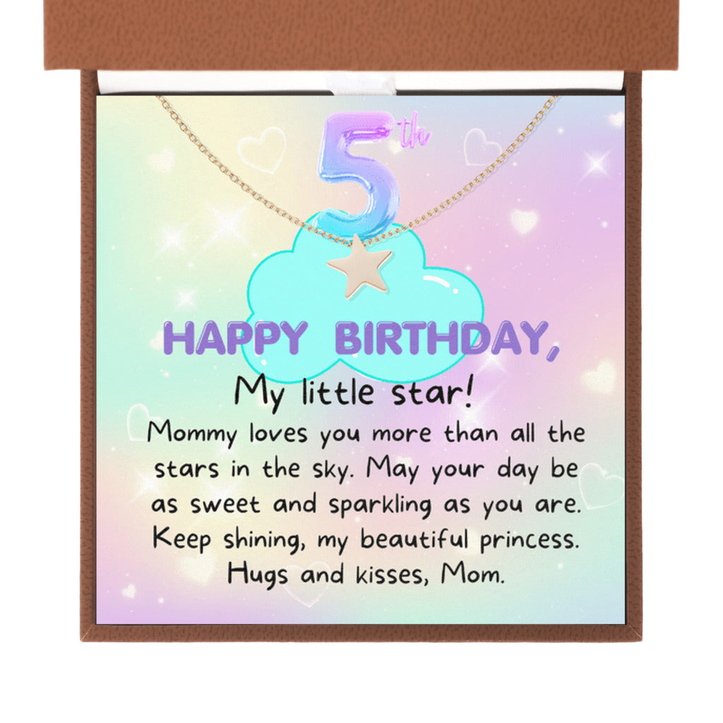 5 year old girl birthday gift from mom - Happy 5th Birthday Star Necklace for daughter from mother-Brown Leather Box-Family-Gift-Planet