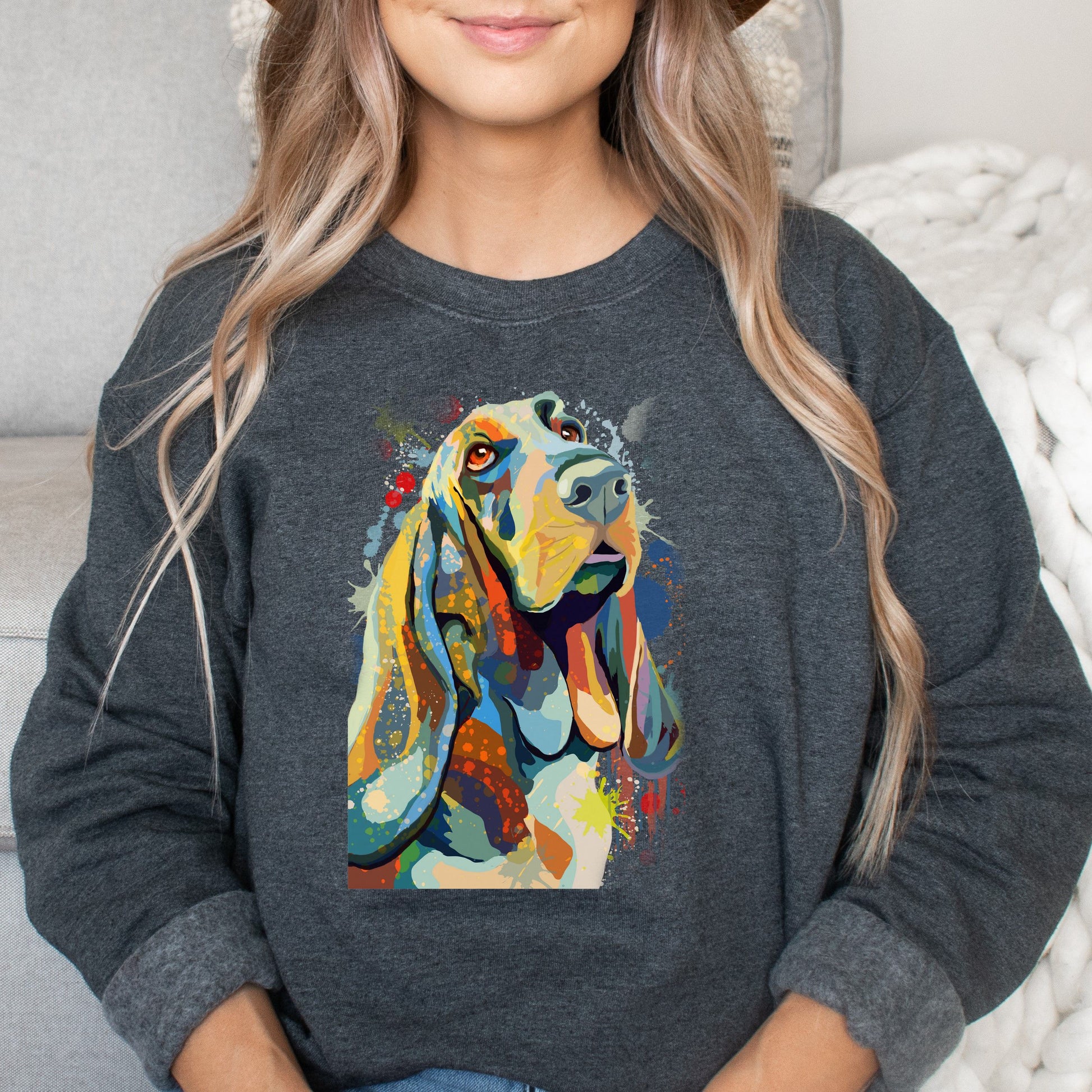 Abstract Basset hound dog Unisex Crewneck Sweatshirt with expressive splashes-Dark Heather-Family-Gift-Planet