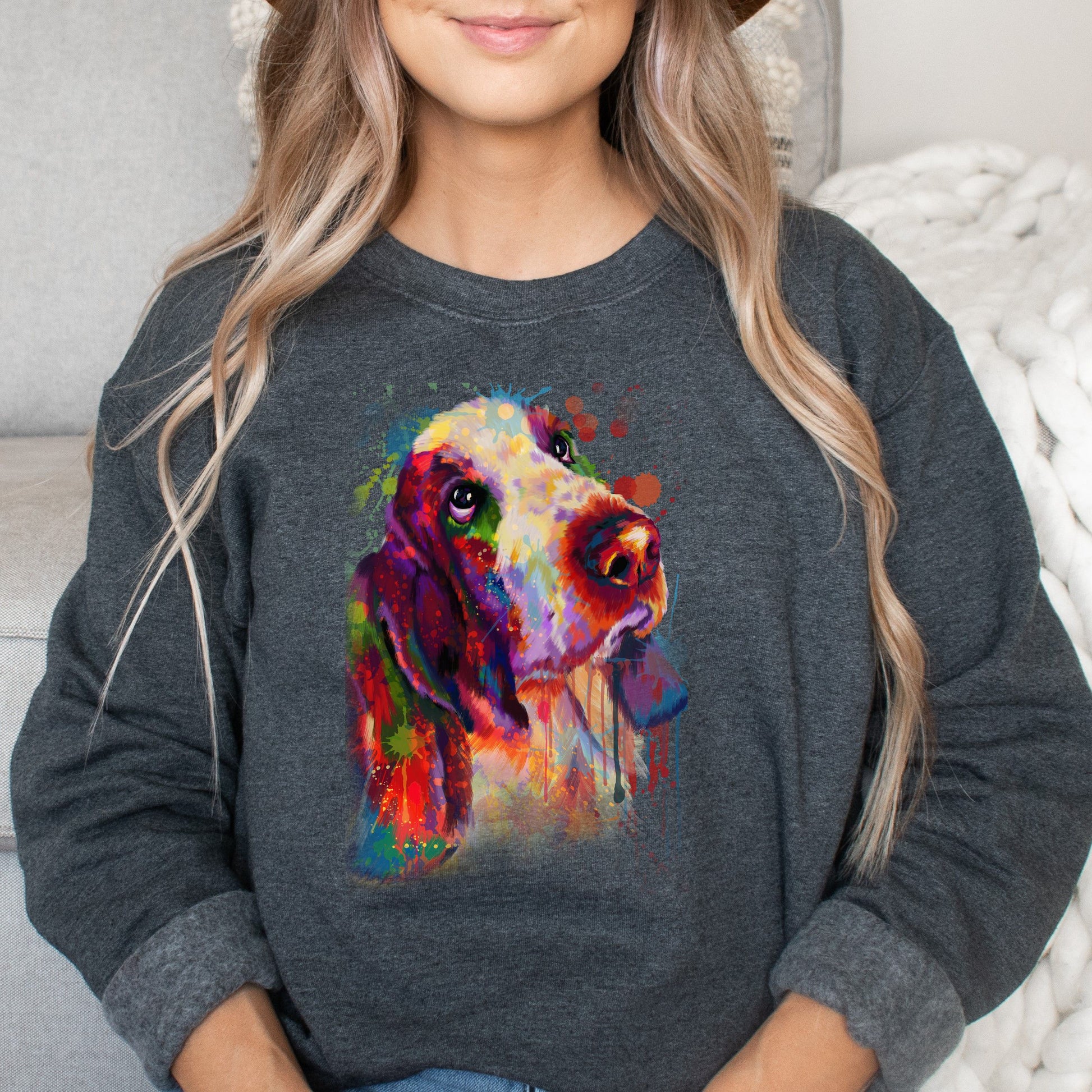 Artistic Basset hound dog Unisex Crewneck Sweatshirt digital Art-Dark Heather-Family-Gift-Planet