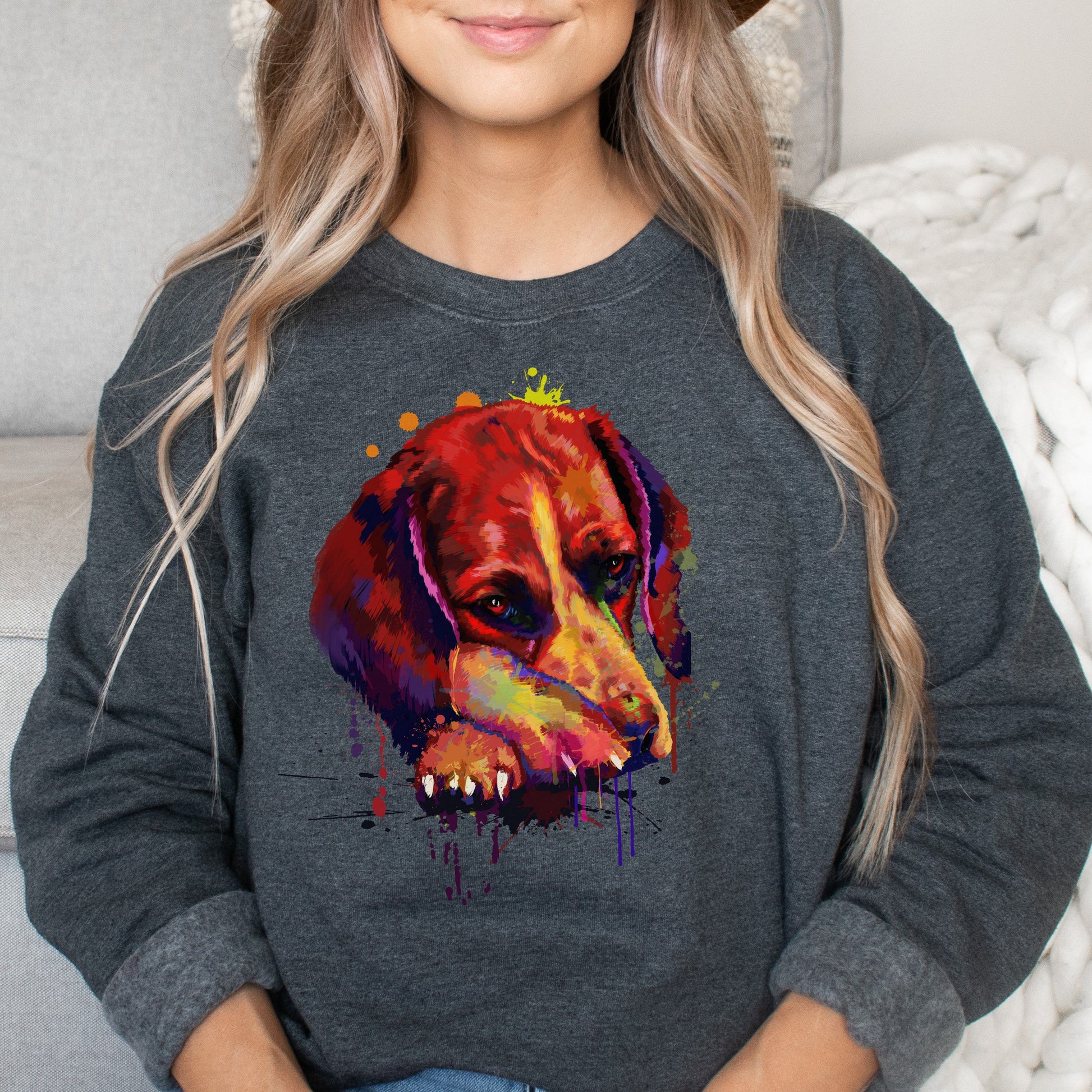 Artistic Beagle dog Unisex Crewneck Sweatshirt digital Art-Dark Heather-Family-Gift-Planet