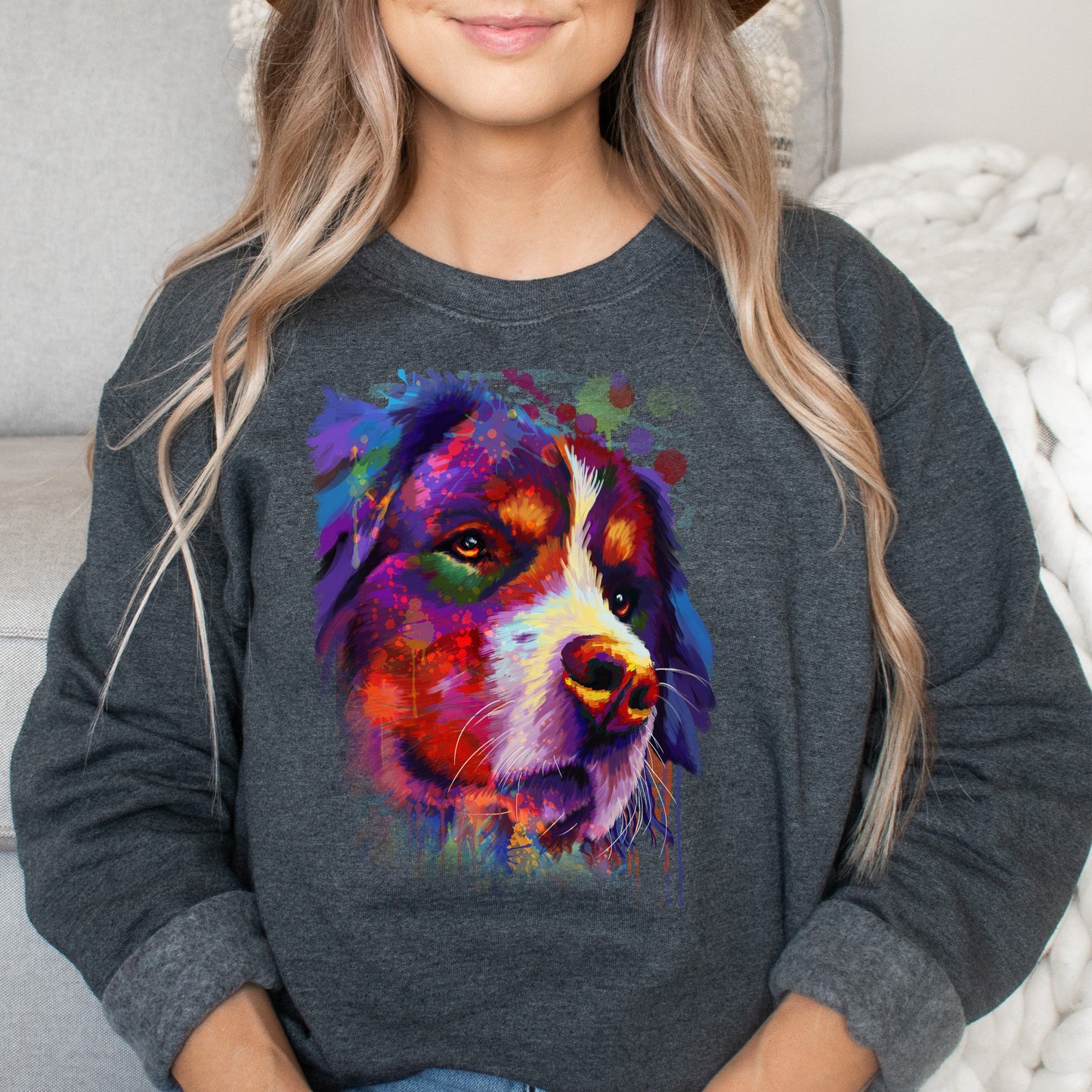 Artistic Bernese mountain dog Unisex Crewneck Sweatshirt digital Art-Dark Heather-Family-Gift-Planet