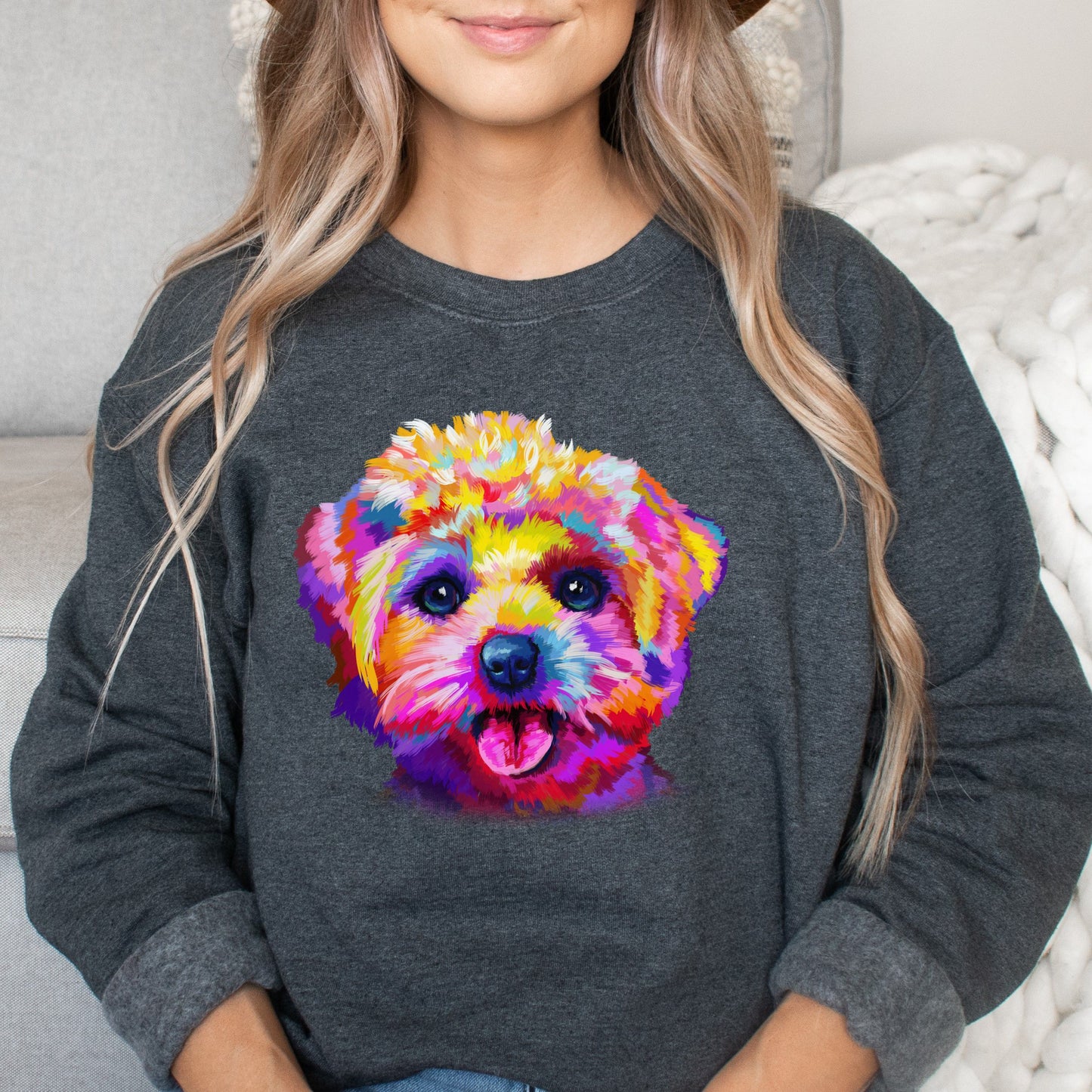 Abstract Bichon Frise dog Unisex Crewneck Sweatshirt with expressive splashes-Dark Heather-Family-Gift-Planet