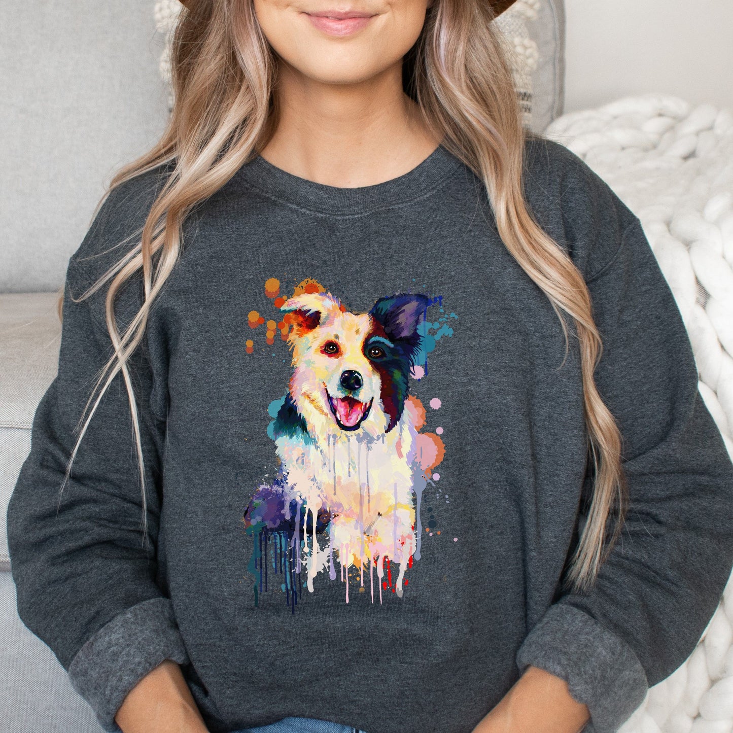 Abstract Border collie dog Unisex Crewneck Sweatshirt with expressive splashes-Dark Heather-Family-Gift-Planet