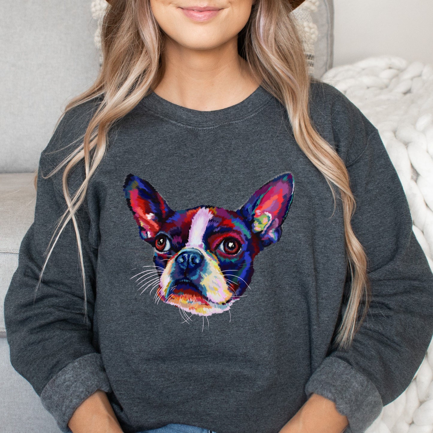 Abstract Boston terrier dog Unisex Crewneck Sweatshirt with expressive splashes-Dark Heather-Family-Gift-Planet