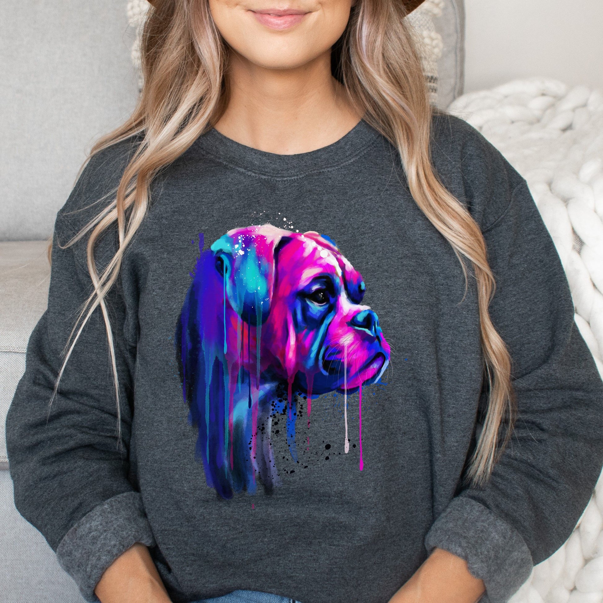 Neon pink and purple Splash Art Boxer dog Unisex Crewneck Sweatshirt-Dark Heather-Family-Gift-Planet