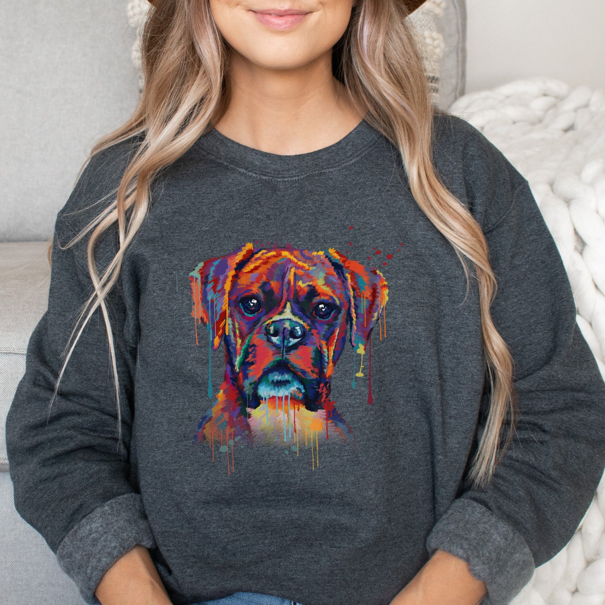 Digital Watercolor splash Boxer dog Unisex Crewneck Sweatshirt black-Dark Heather-Family-Gift-Planet