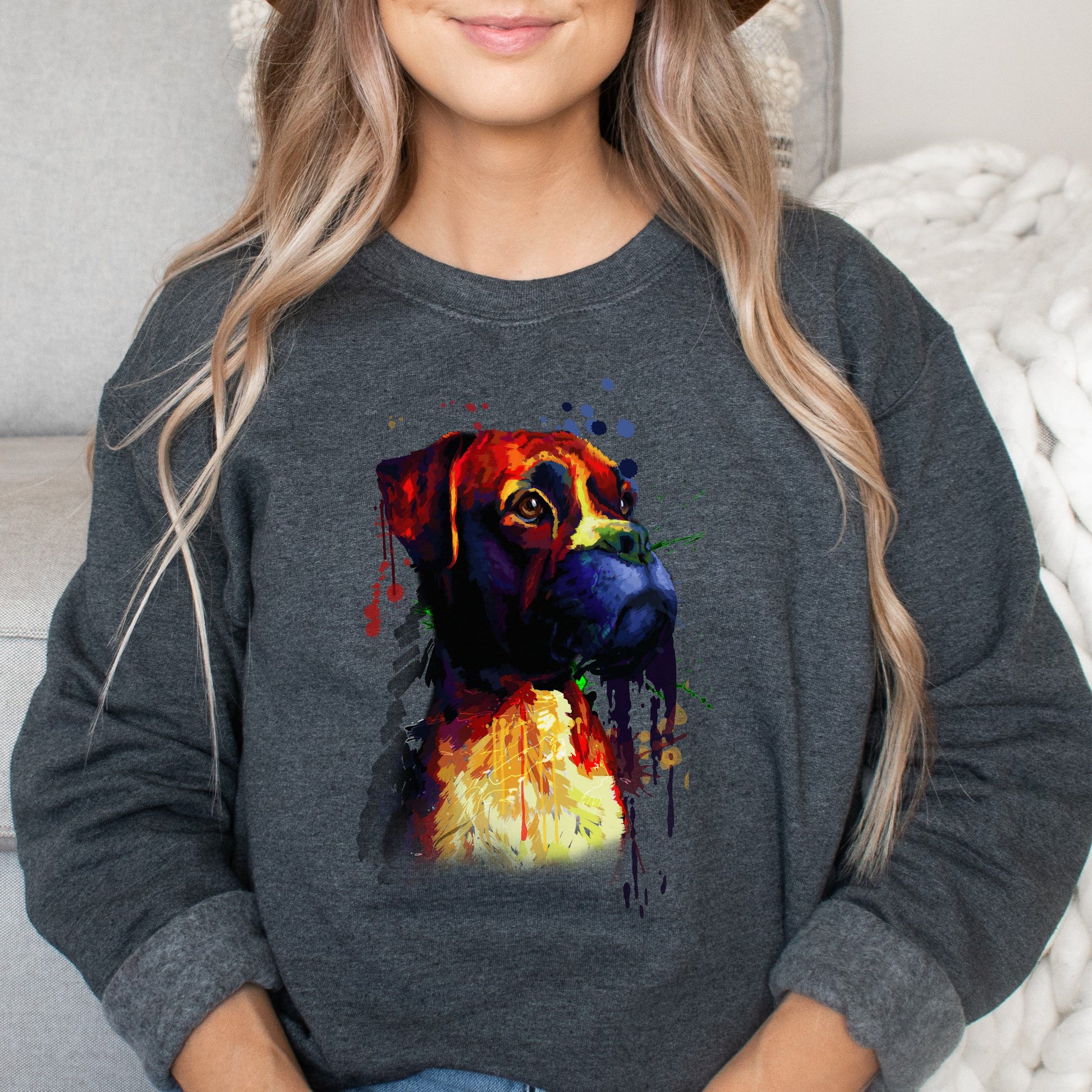 Artistic Boxer dog Crewneck Sweatshirt creative digital Art-Dark Heather-Family-Gift-Planet