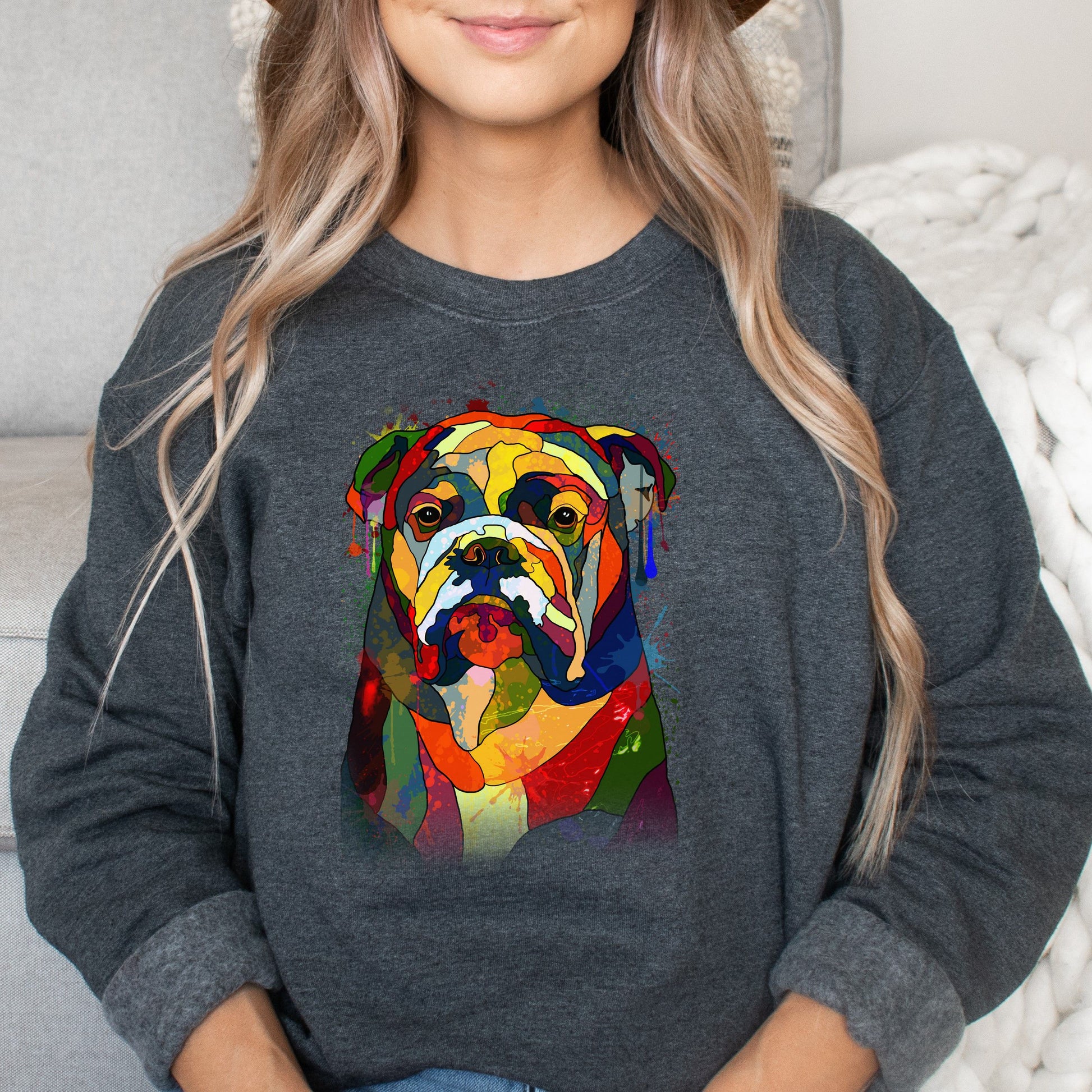 Artistic Bulldog dog Unisex Crewneck Sweatshirt digital Art-Dark Heather-Family-Gift-Planet