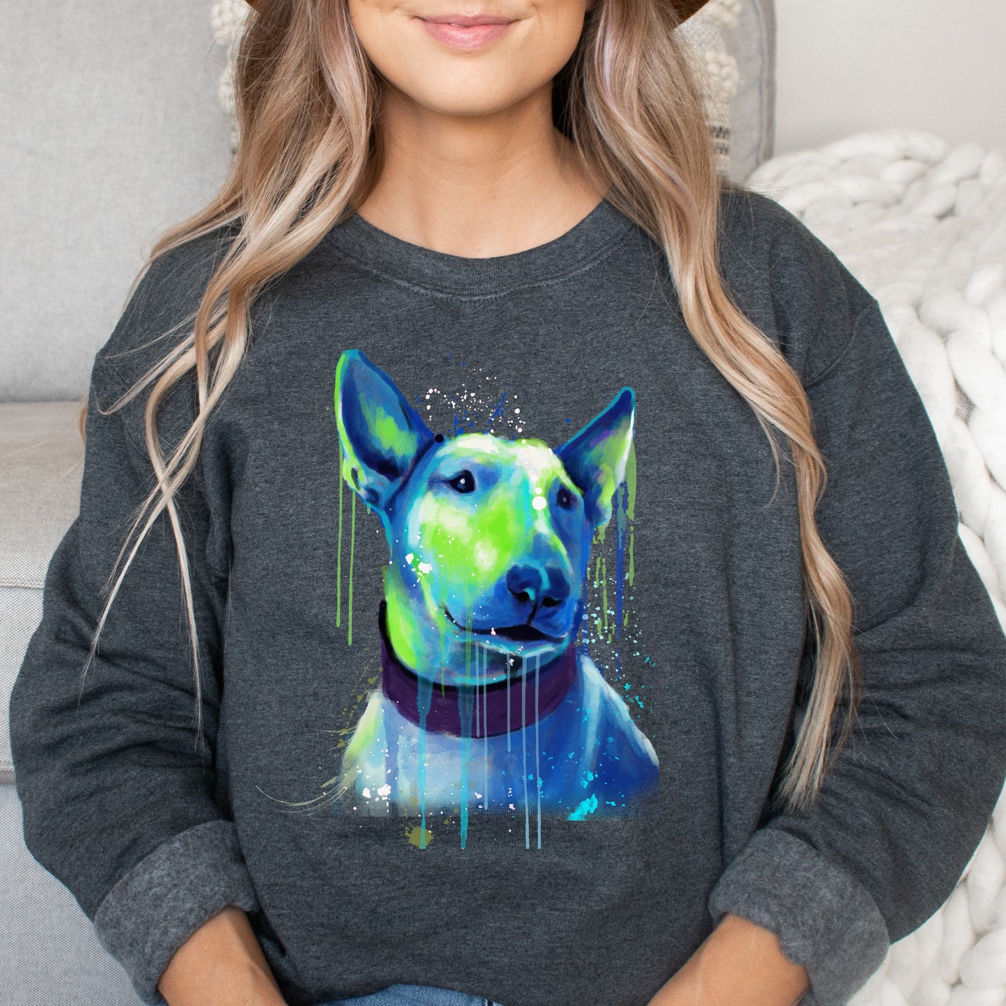 Neon green and blue Splash Art Bull Terriers dog Unisex Crewneck Sweatshirt-Dark Heather-Family-Gift-Planet