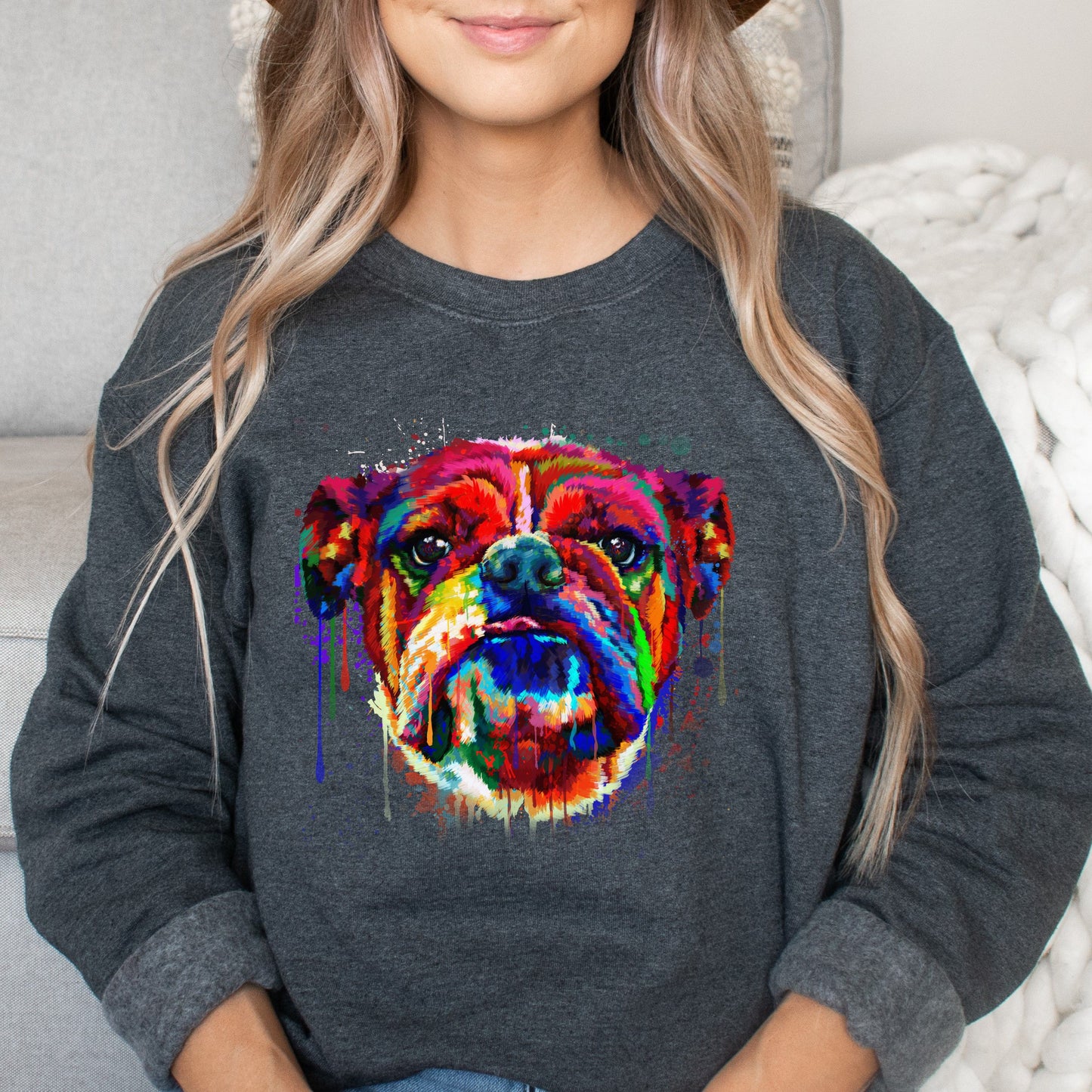 Splash color Bulldog dog Unisex Crewneck Sweatshirt Abstract pet design-Dark Heather-Family-Gift-Planet