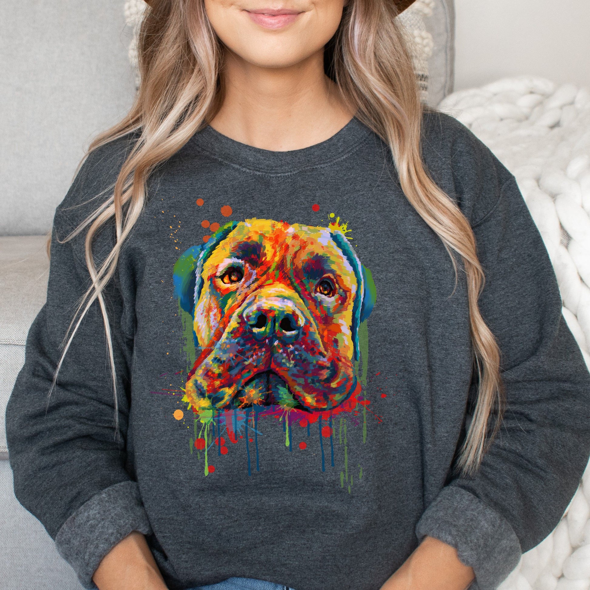 Abstract Bullmastiff dog Unisex Crewneck Sweatshirt with expressive splashes-Dark Heather-Family-Gift-Planet