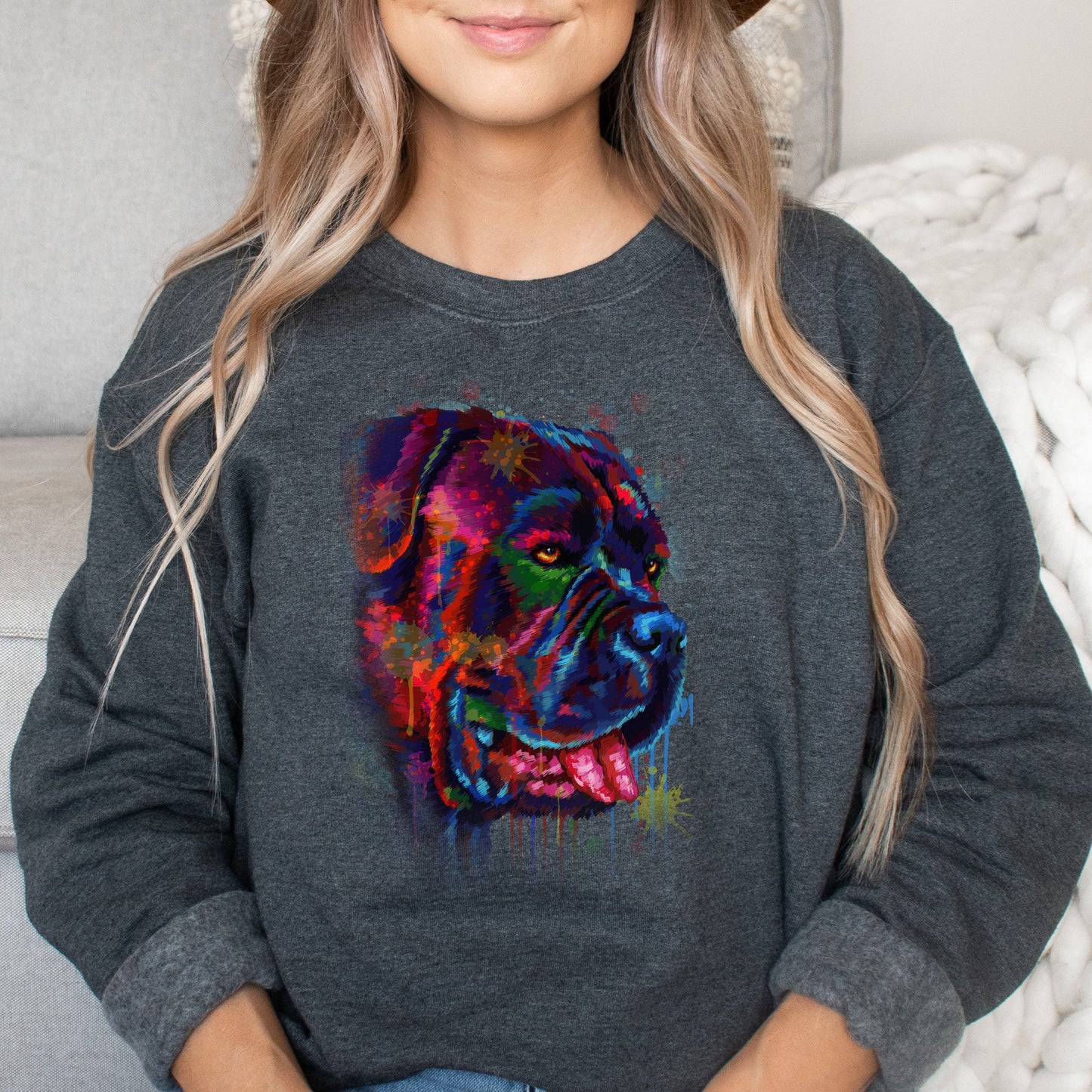 Vibrant digital Bullmastiff dog Art Unisex Crewneck Sweatshirt black navy dark heather-Dark Heather-Family-Gift-Planet