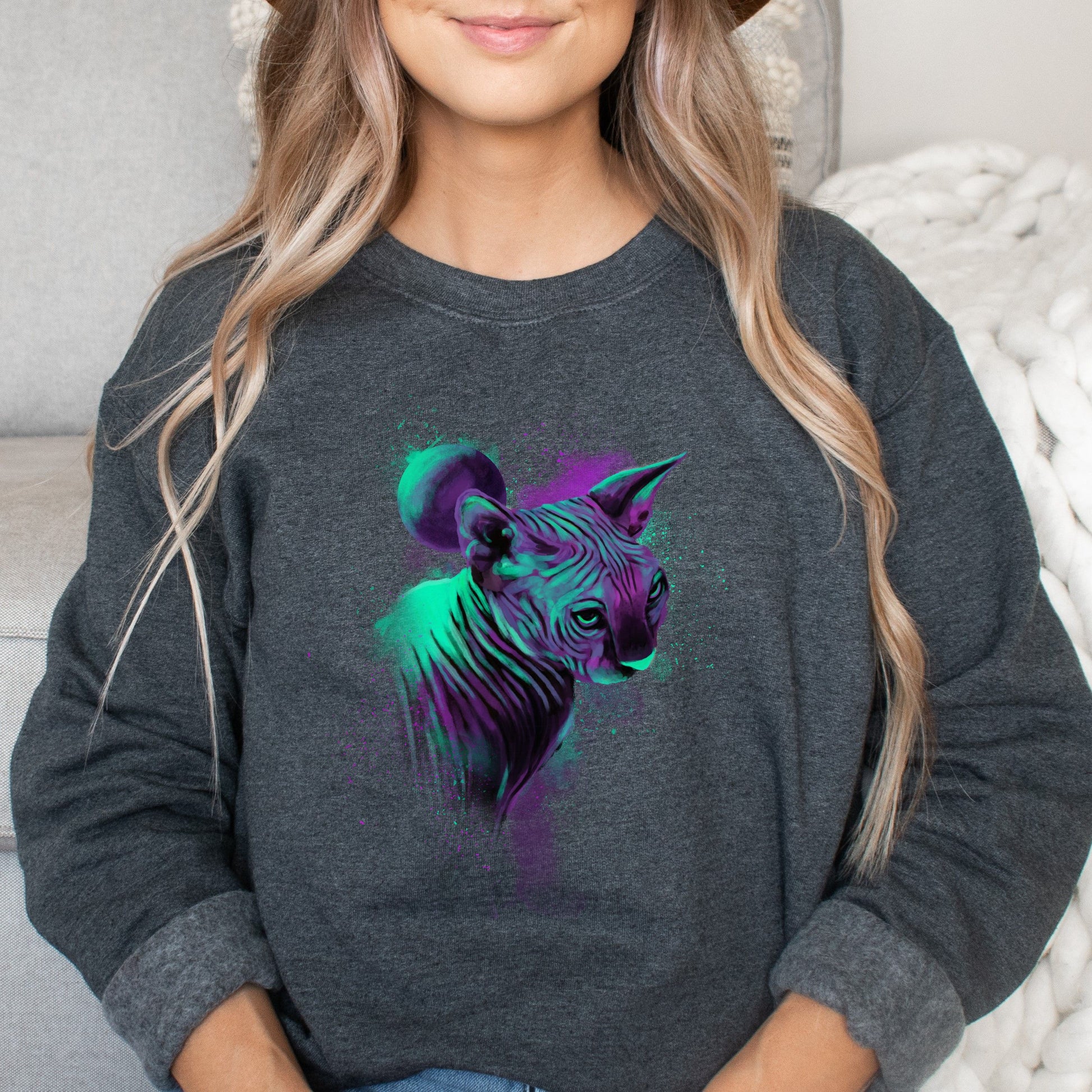 Neon green and purple Splash Art Cat Unisex Crewneck Sweatshirt-Dark Heather-Family-Gift-Planet