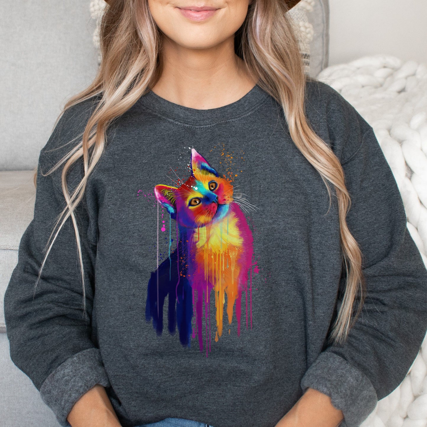 Splash color cat Unisex Crewneck Sweatshirt Abstract pet design-Dark Heather-Family-Gift-Planet