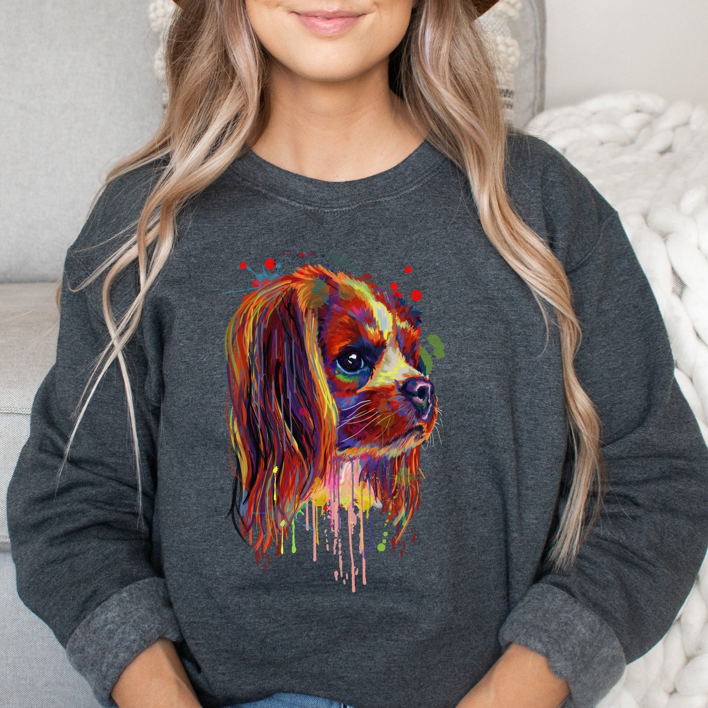 Artistic Cavalier dog Unisex Crewneck Sweatshirt digital Art-Dark Heather-Family-Gift-Planet