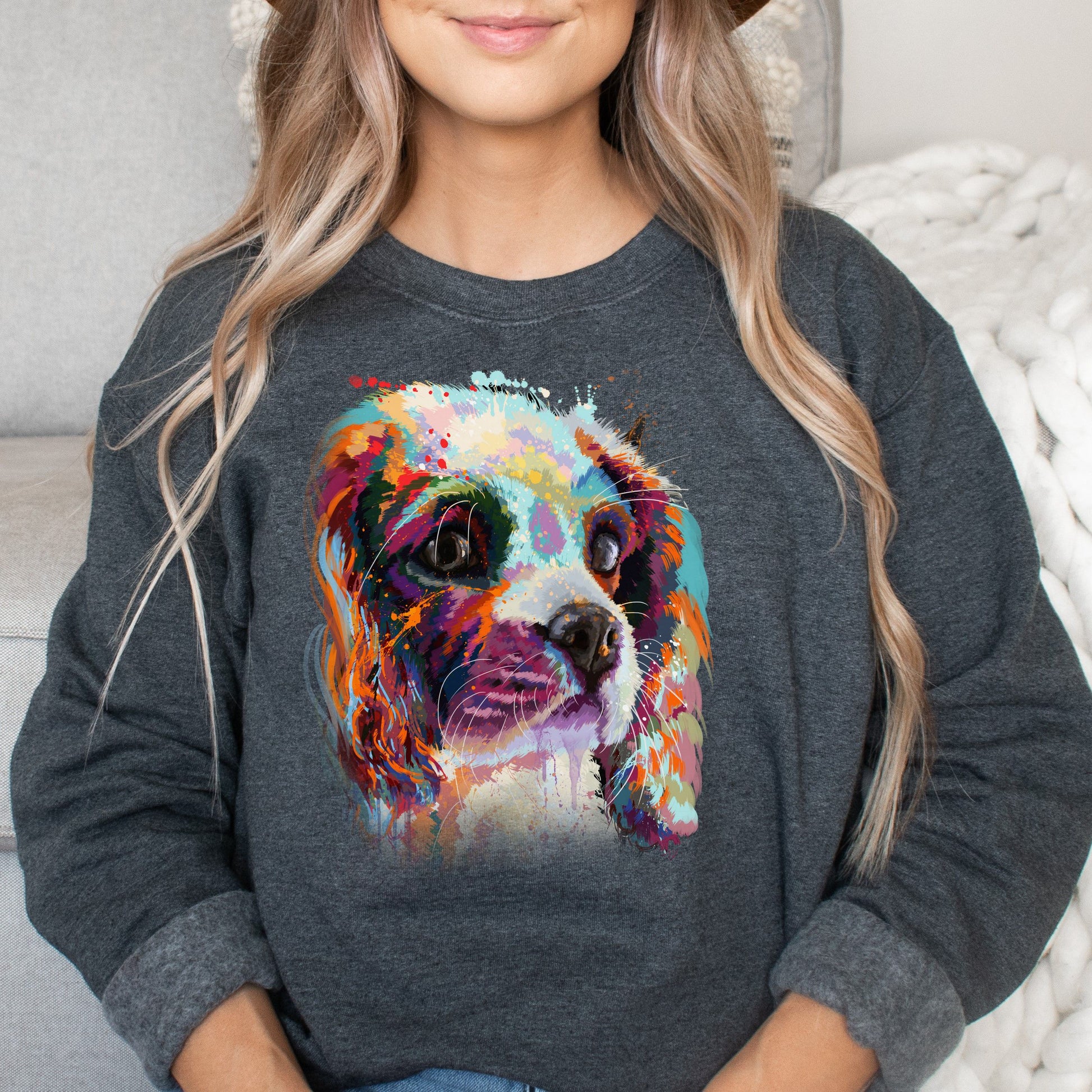 Hand drawn Digital Art Cavalier dog Unisex Crewneck Sweatshirt black navy dark heather-Dark Heather-Family-Gift-Planet