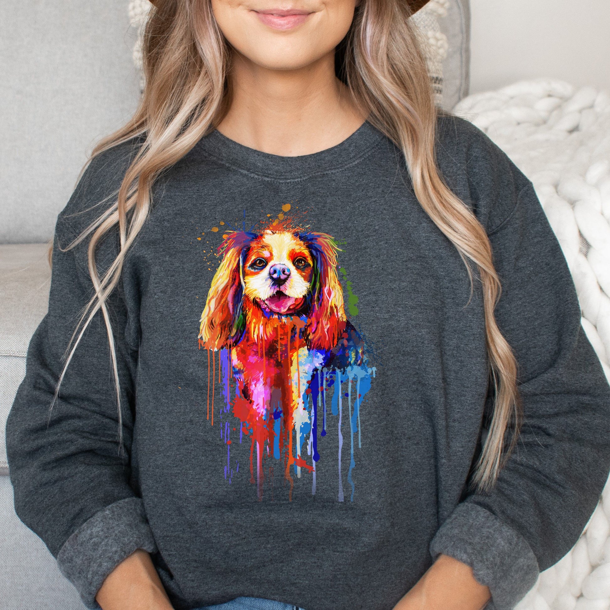 Abstract Cavalier dog Unisex Crewneck Sweatshirt with expressive splashes-Dark Heather-Family-Gift-Planet