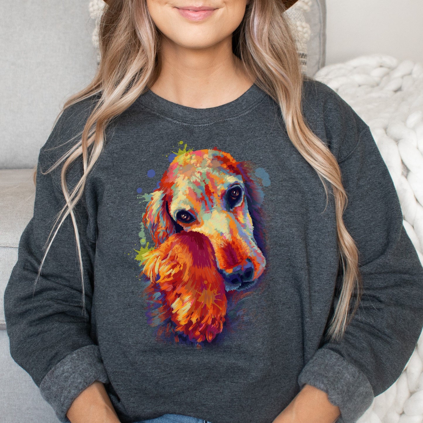 Artistic Cocker Spaniel dog Unisex Crewneck Sweatshirt digital Art-Dark Heather-Family-Gift-Planet