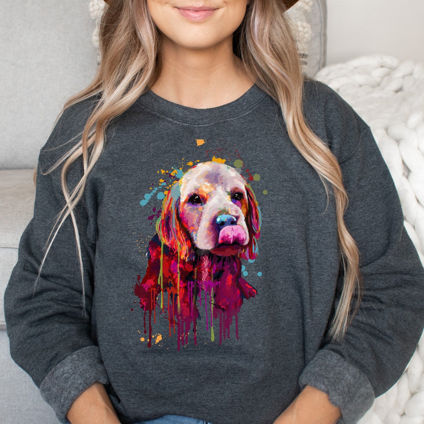 Splash color Cocker Spaniel dog Unisex Crewneck Sweatshirt Abstract pet design-Dark Heather-Family-Gift-Planet