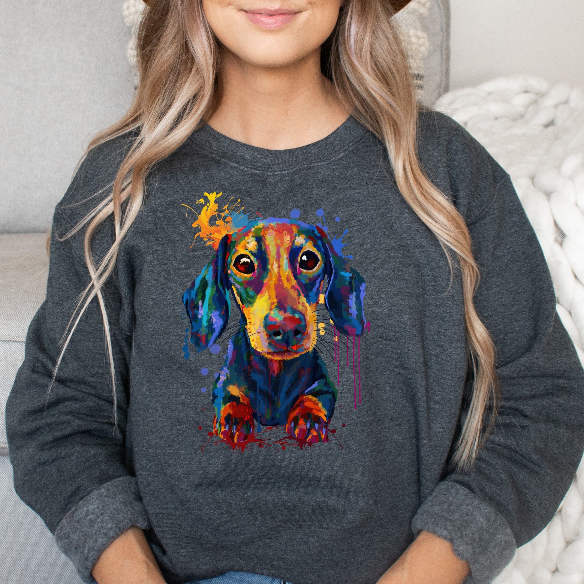 Artistic Dachshund dog Unisex Crewneck Sweatshirt digital Art-Dark Heather-Family-Gift-Planet