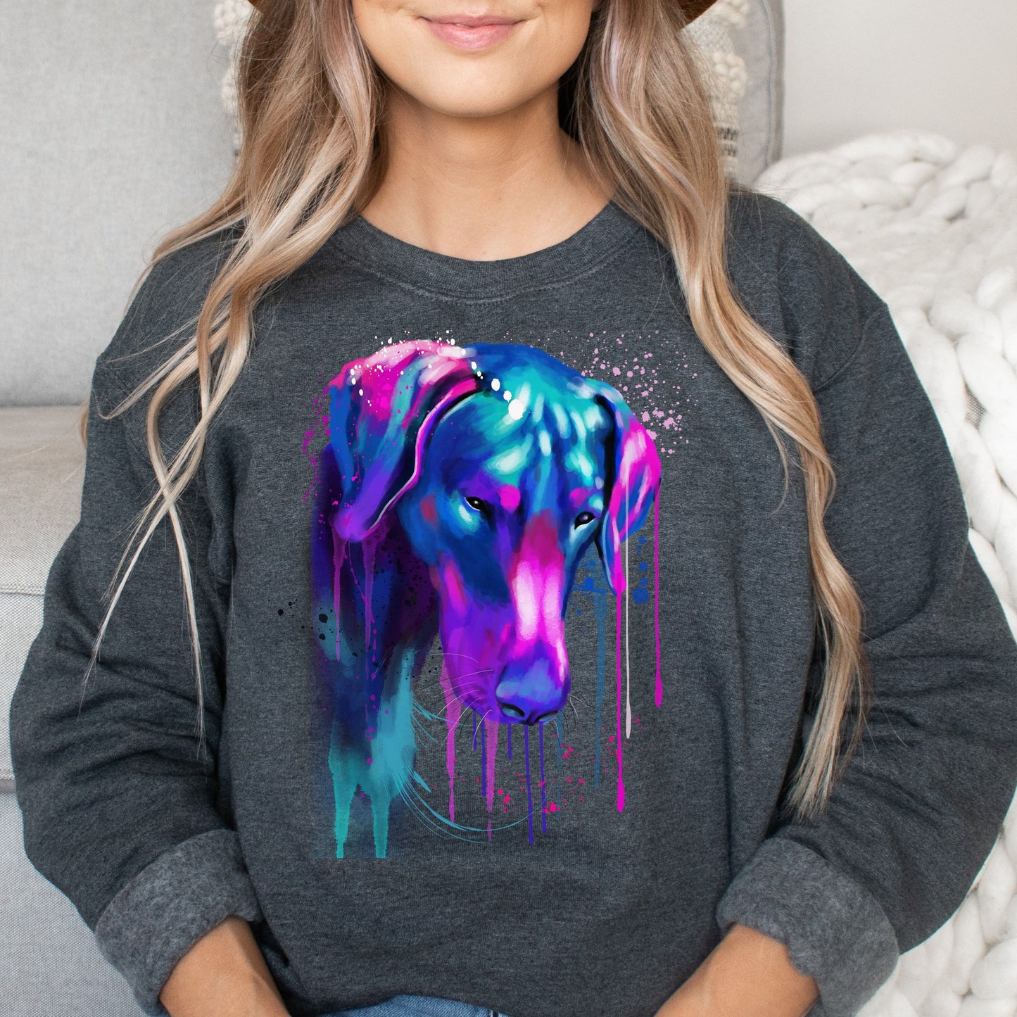 Neon pink and purple Splash Art Doberman dog Unisex Crewneck Sweatshirt-Dark Heather-Family-Gift-Planet