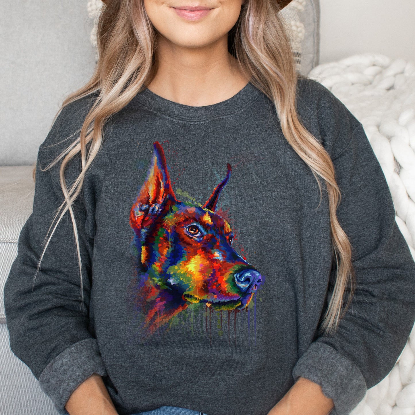 Artistic Doberman dog Unisex Crewneck Sweatshirt digital Art-Dark Heather-Family-Gift-Planet