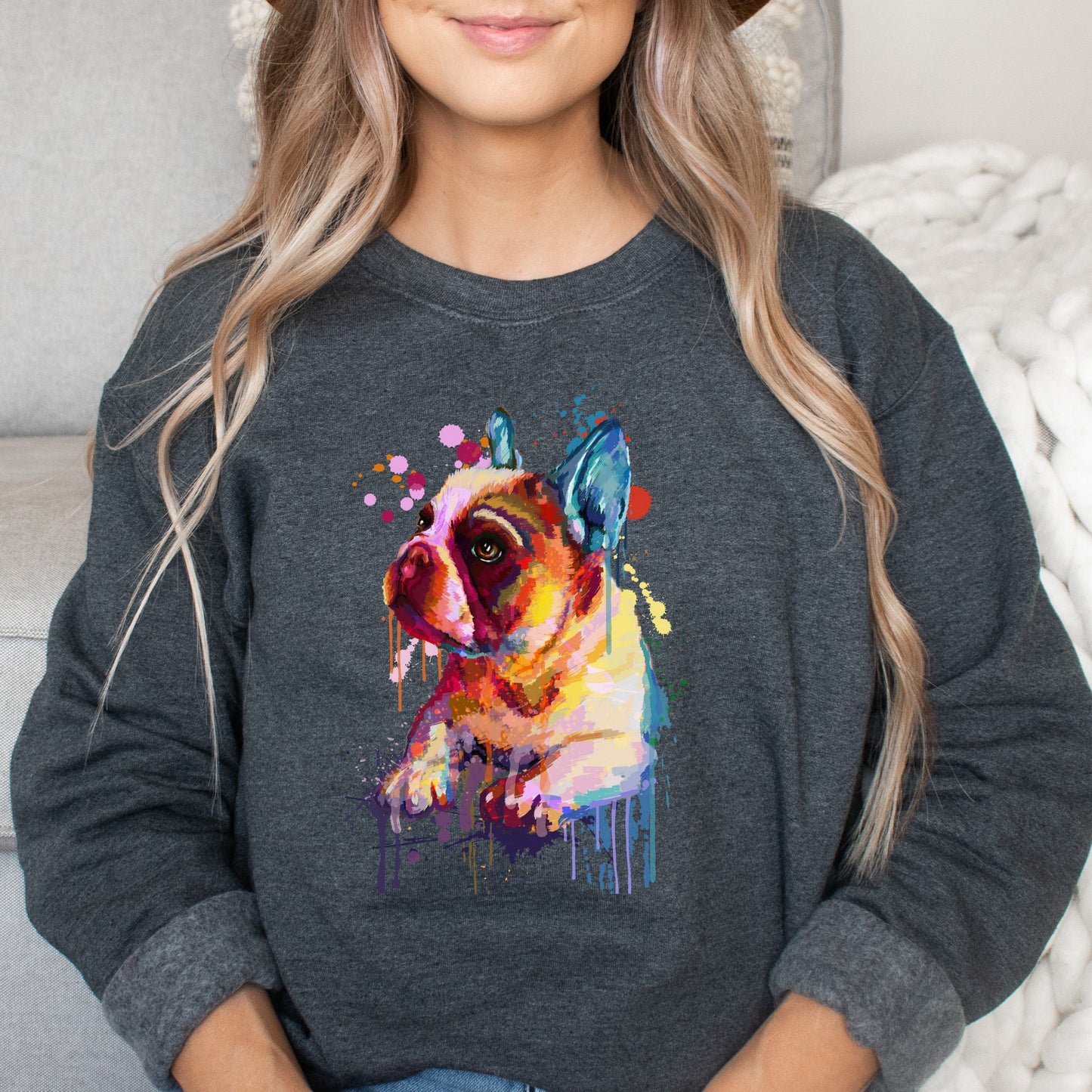 Abstract French bulldog dog Unisex Crewneck Sweatshirt with expressive splashes-Dark Heather-Family-Gift-Planet